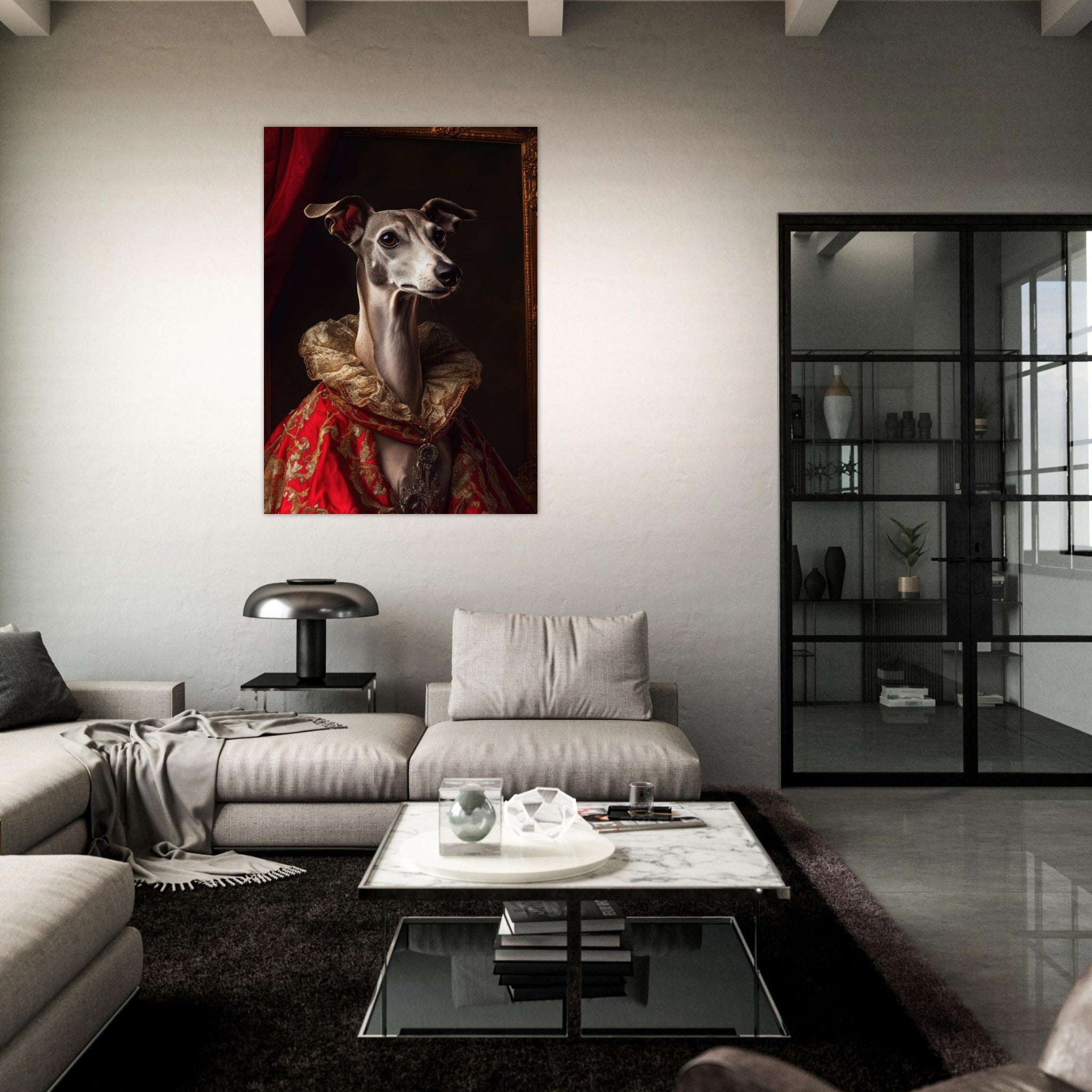 Fine Art Poster Portrait - Elegant Baroque Greyhound Portrait A sleek grey 5 - Shop Ai Art WebShop - Digital Art online Store
