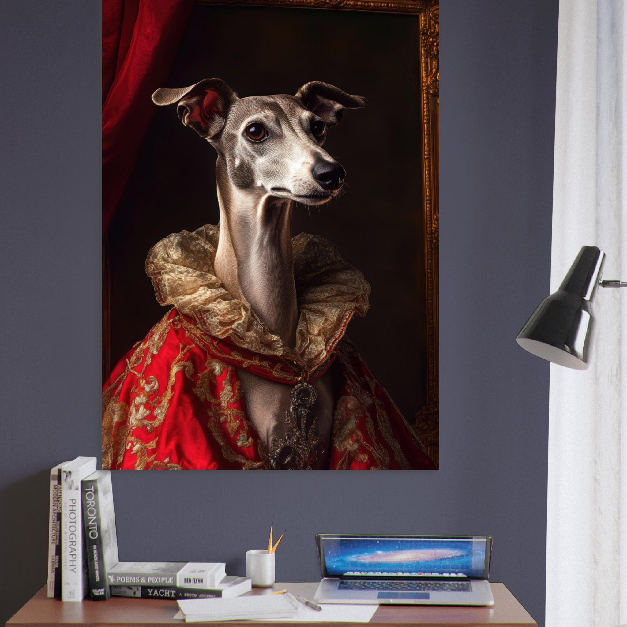 Fine Art Poster Portrait - Elegant Baroque Greyhound Portrait A sleek grey 5 - Shop Ai Art WebShop - Digital Art online Store