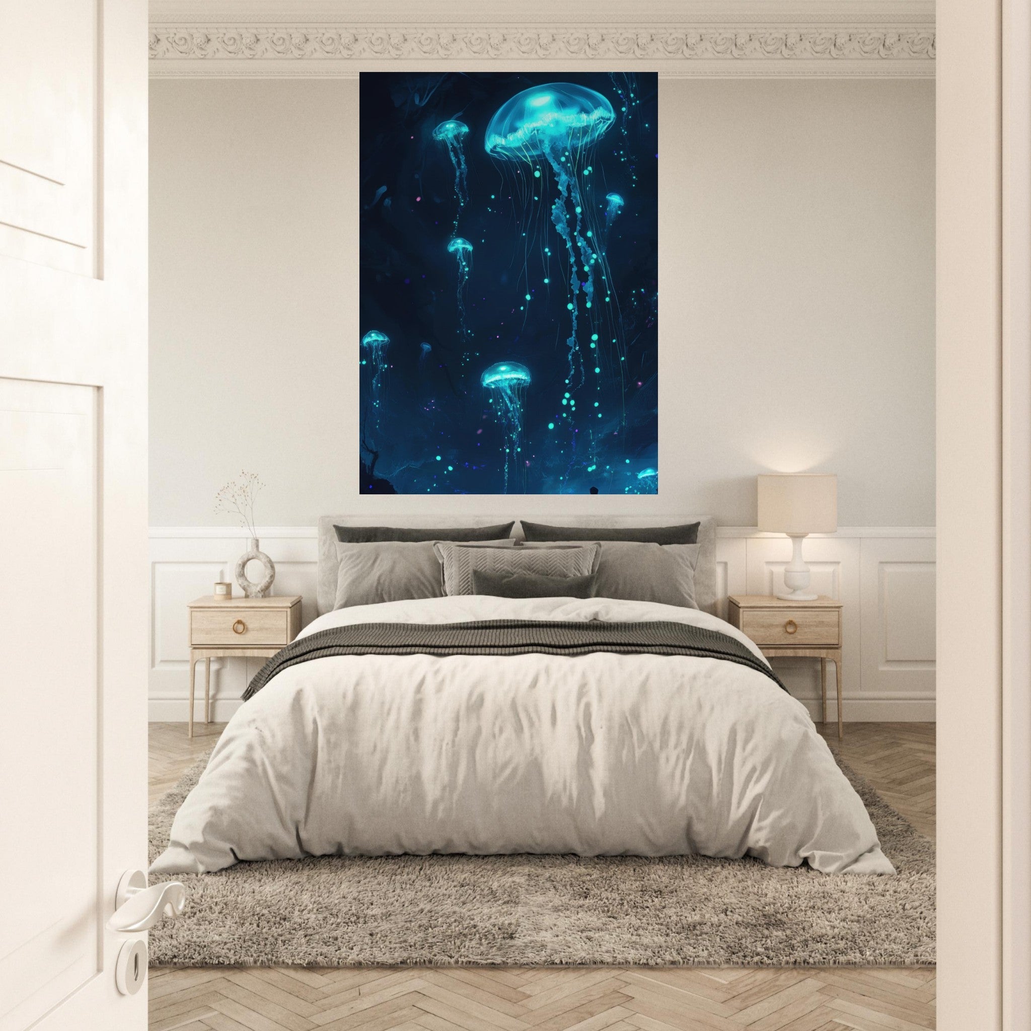 Fine Art Poster Portrait - Glowing Bioluminescent Jellyfish in the Deep Tea - Shop Ai Art WebShop - Digital Art online Store