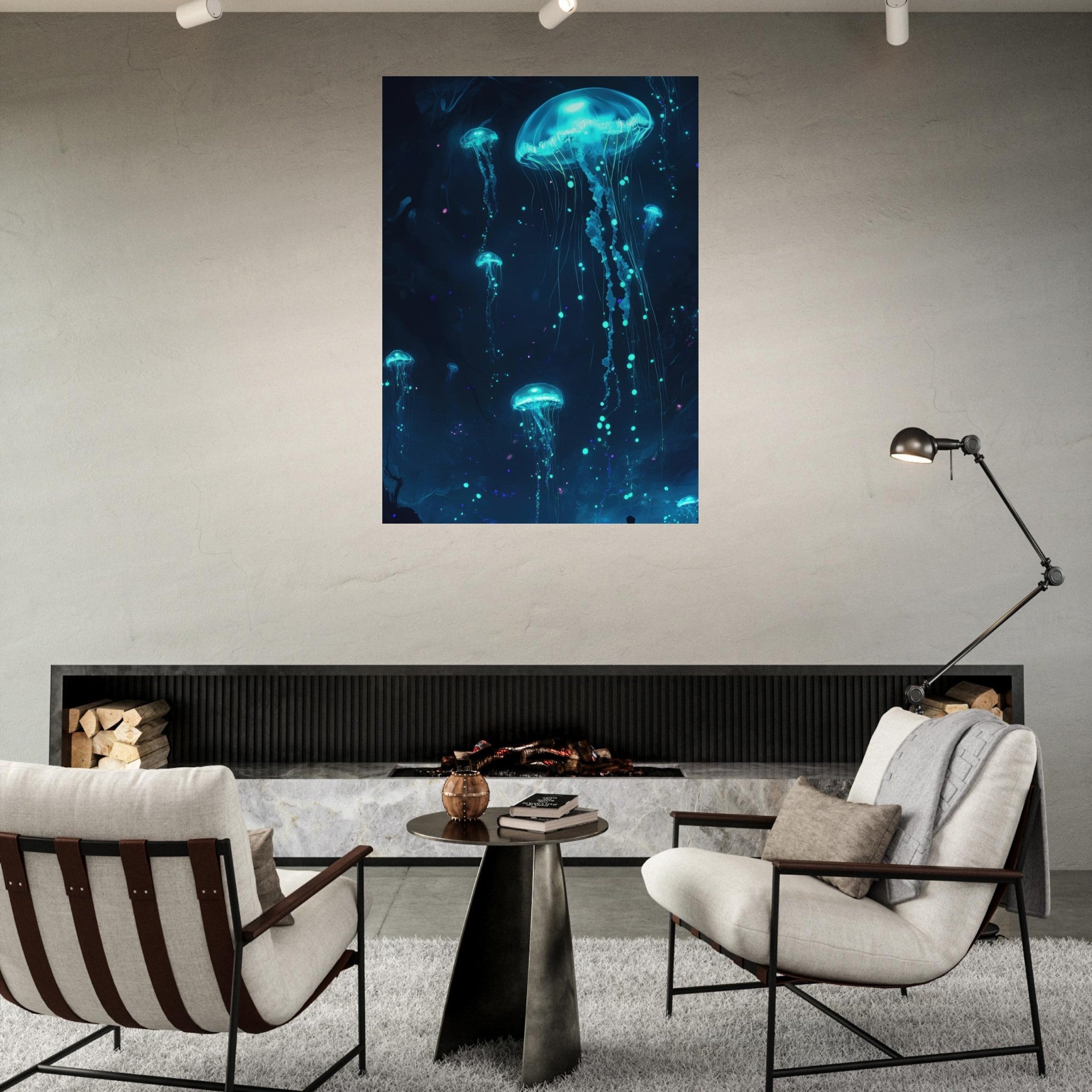 Fine Art Poster Portrait - Glowing Bioluminescent Jellyfish in the Deep Tea - Shop Ai Art WebShop - Digital Art online Store