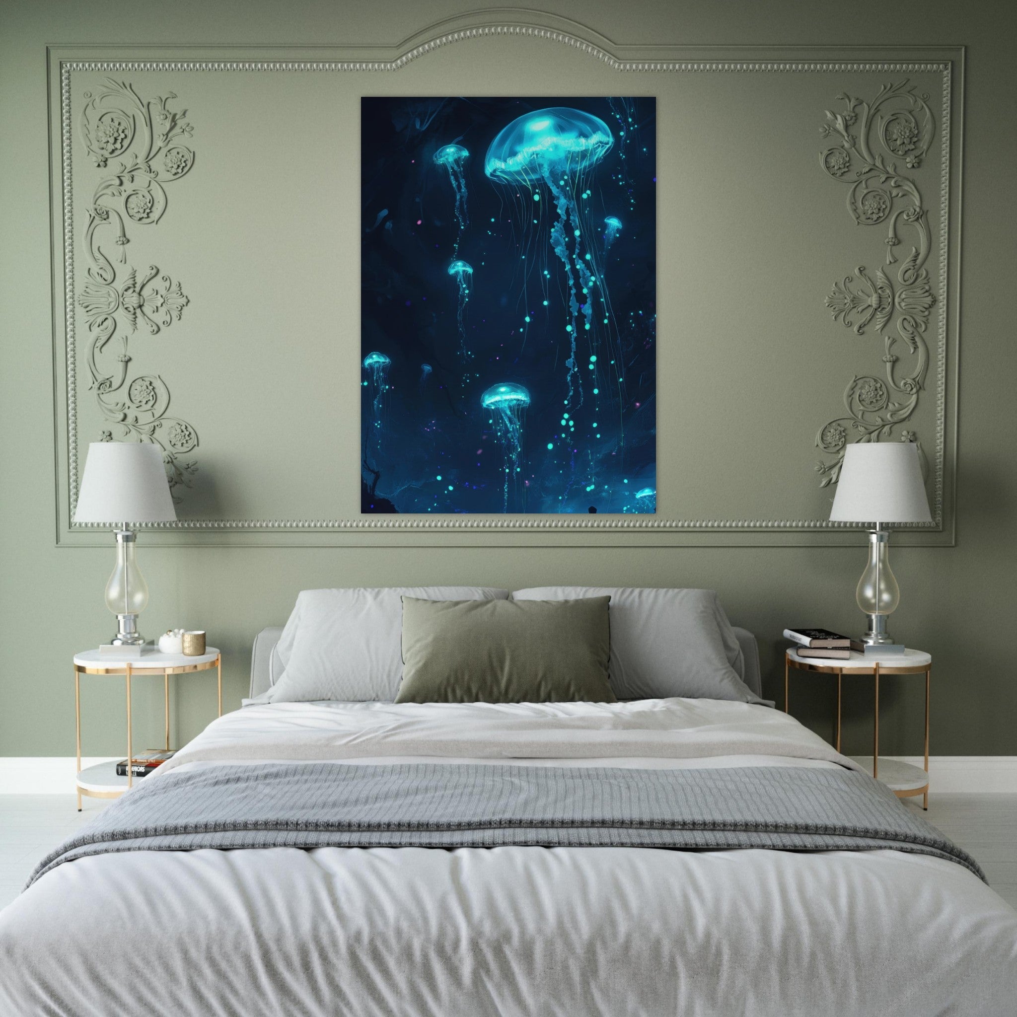 Fine Art Poster Portrait - Glowing Bioluminescent Jellyfish in the Deep Tea - Shop Ai Art WebShop - Digital Art online Store
