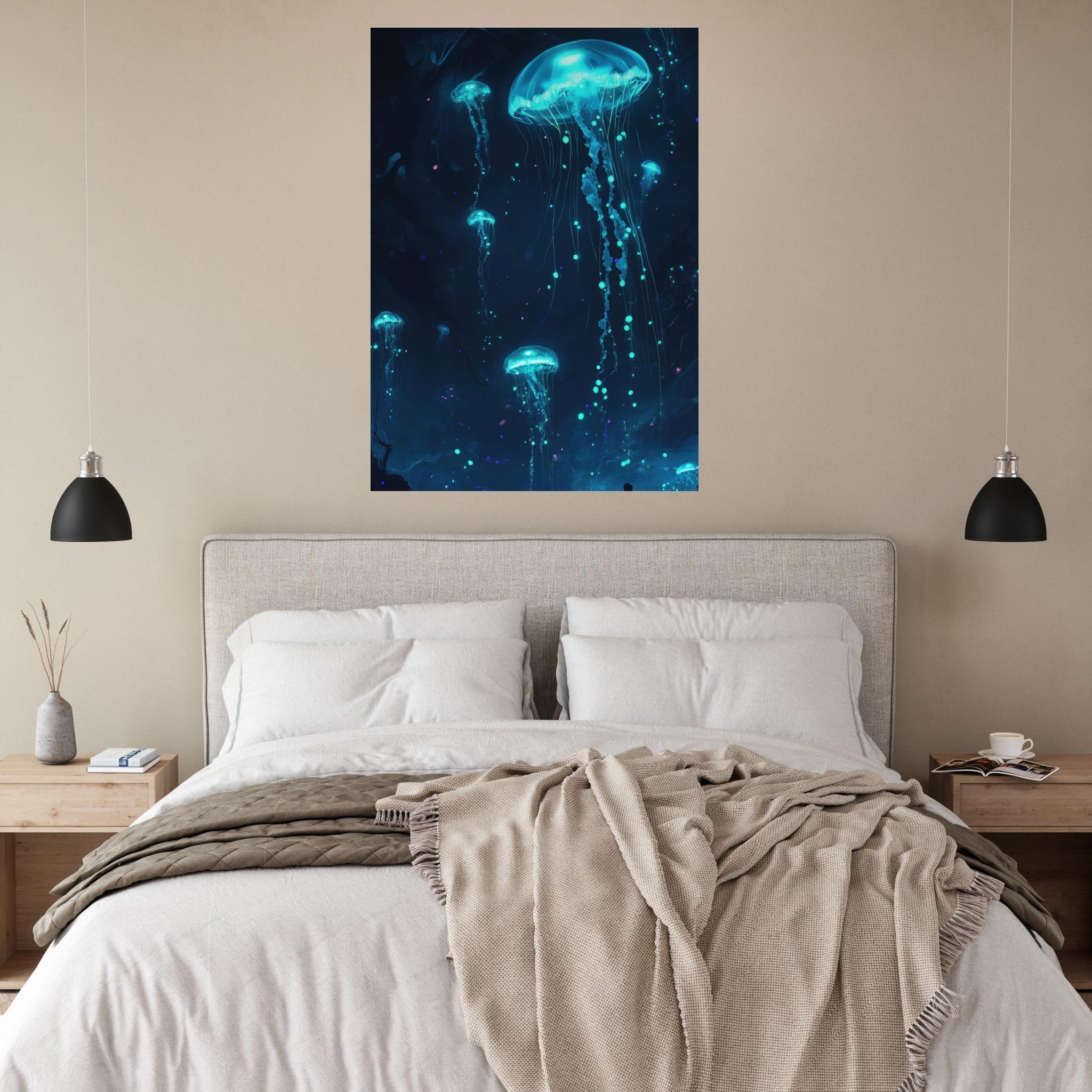 Fine Art Poster Portrait - Glowing Bioluminescent Jellyfish in the Deep Tea - Shop Ai Art WebShop - Digital Art online Store