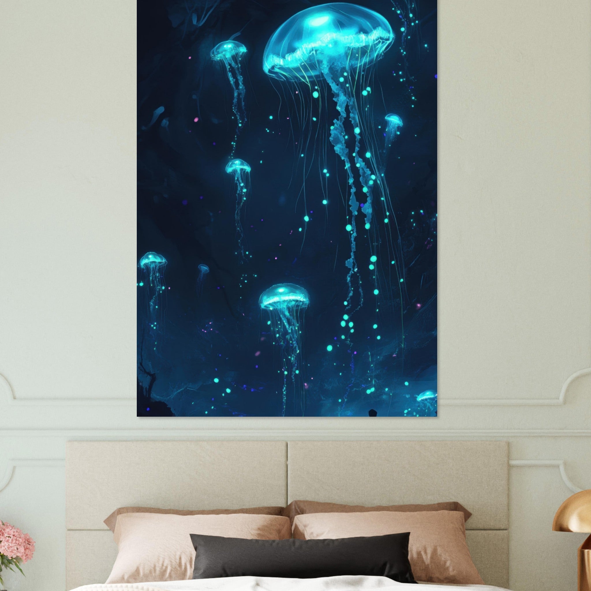 Fine Art Poster Portrait - Glowing Bioluminescent Jellyfish in the Deep Tea - Shop Ai Art WebShop - Digital Art online Store