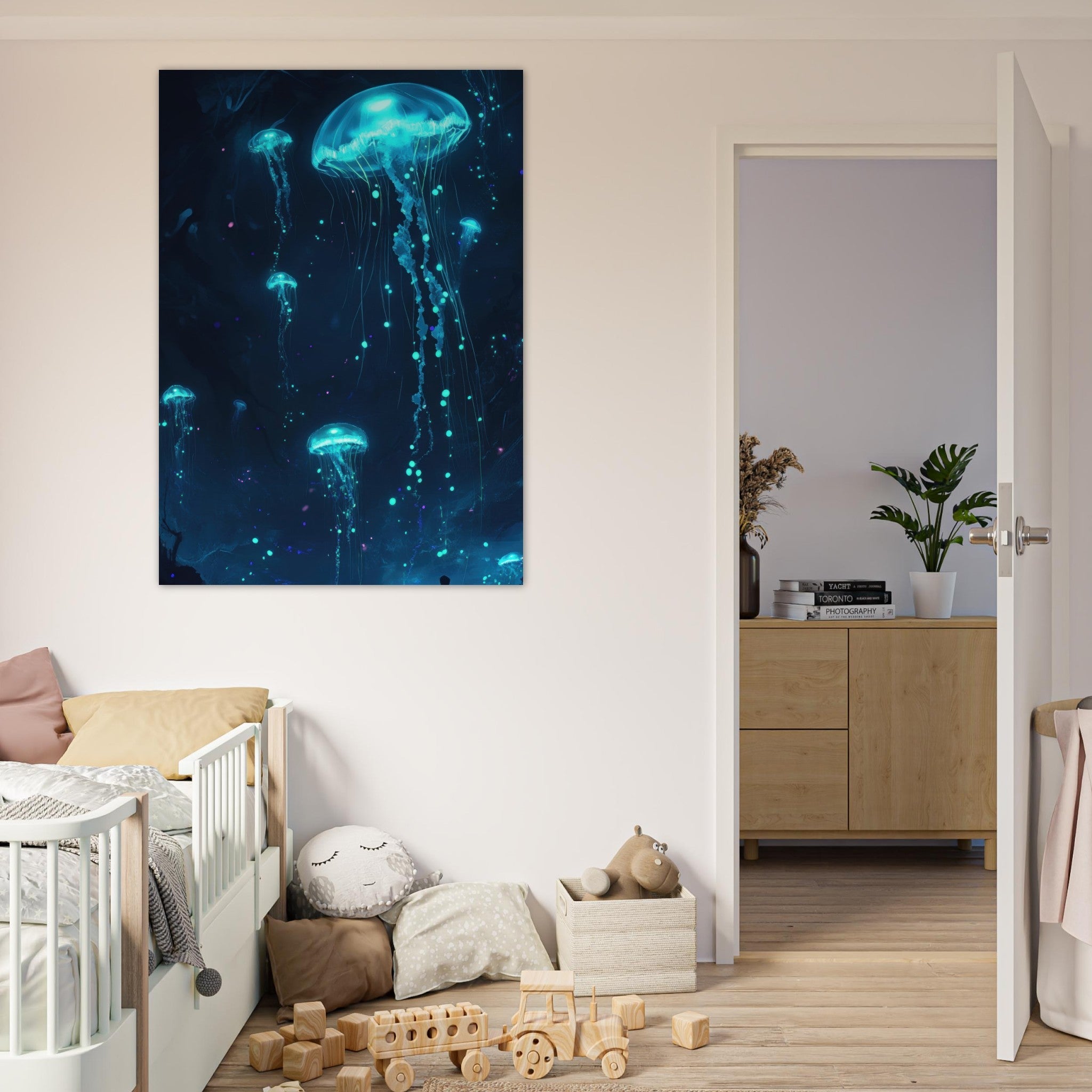 Fine Art Poster Portrait - Glowing Bioluminescent Jellyfish in the Deep Tea - Shop Ai Art WebShop - Digital Art online Store