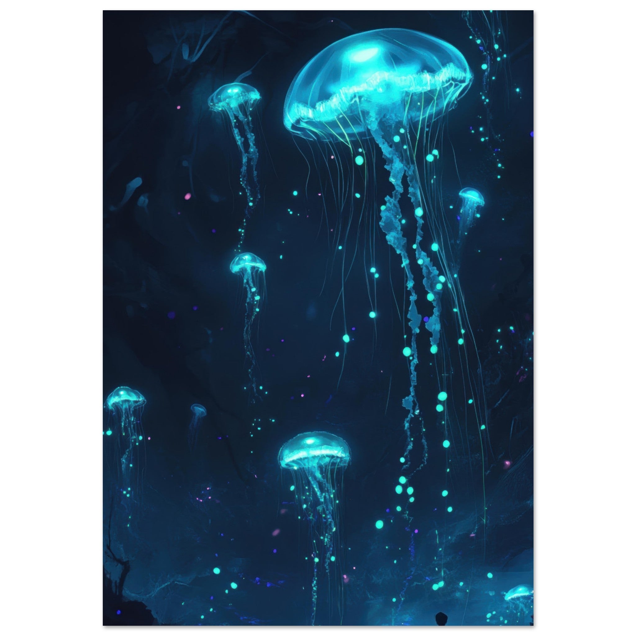 Fine Art Poster Portrait - Glowing Bioluminescent Jellyfish in the Deep Tea - Shop Ai Art WebShop - Digital Art online Store