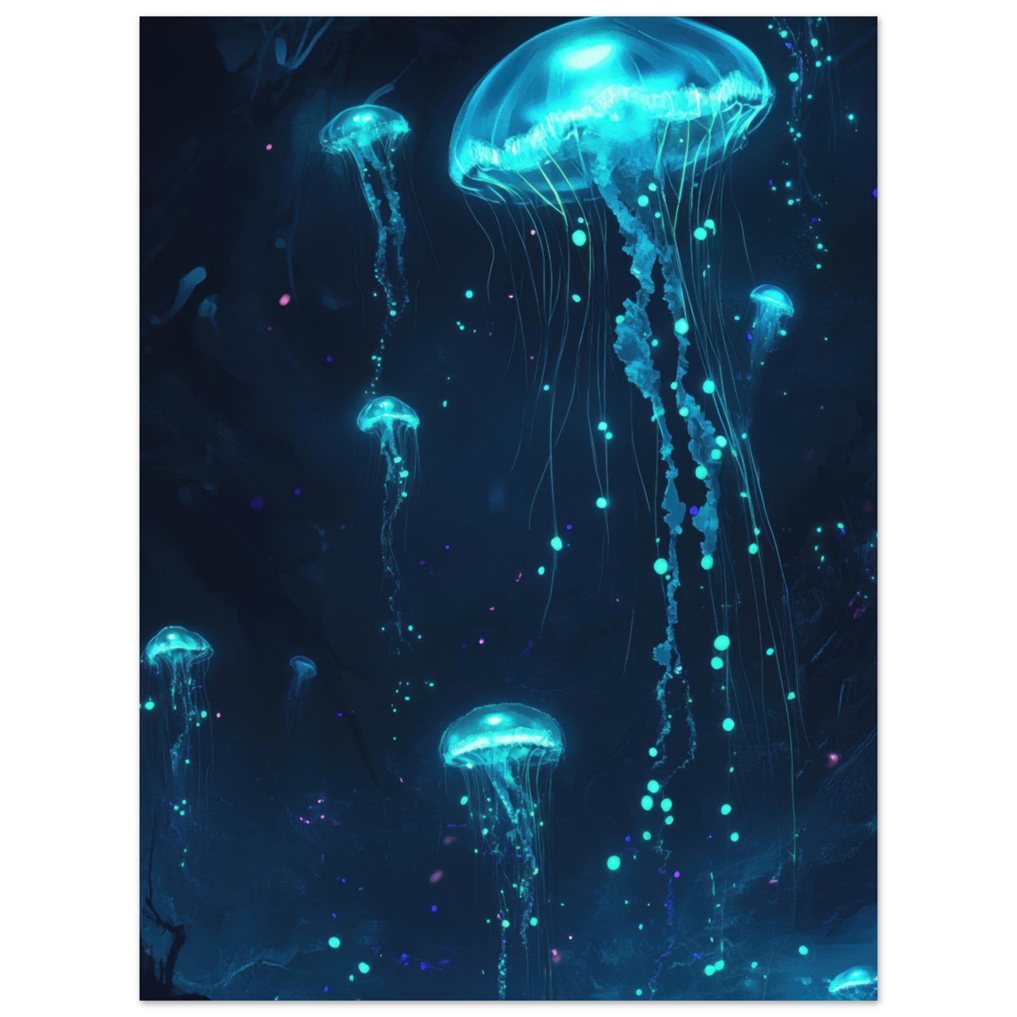 Fine Art Poster Portrait - Glowing Bioluminescent Jellyfish in the Deep Tea - Shop Ai Art WebShop - Digital Art online Store