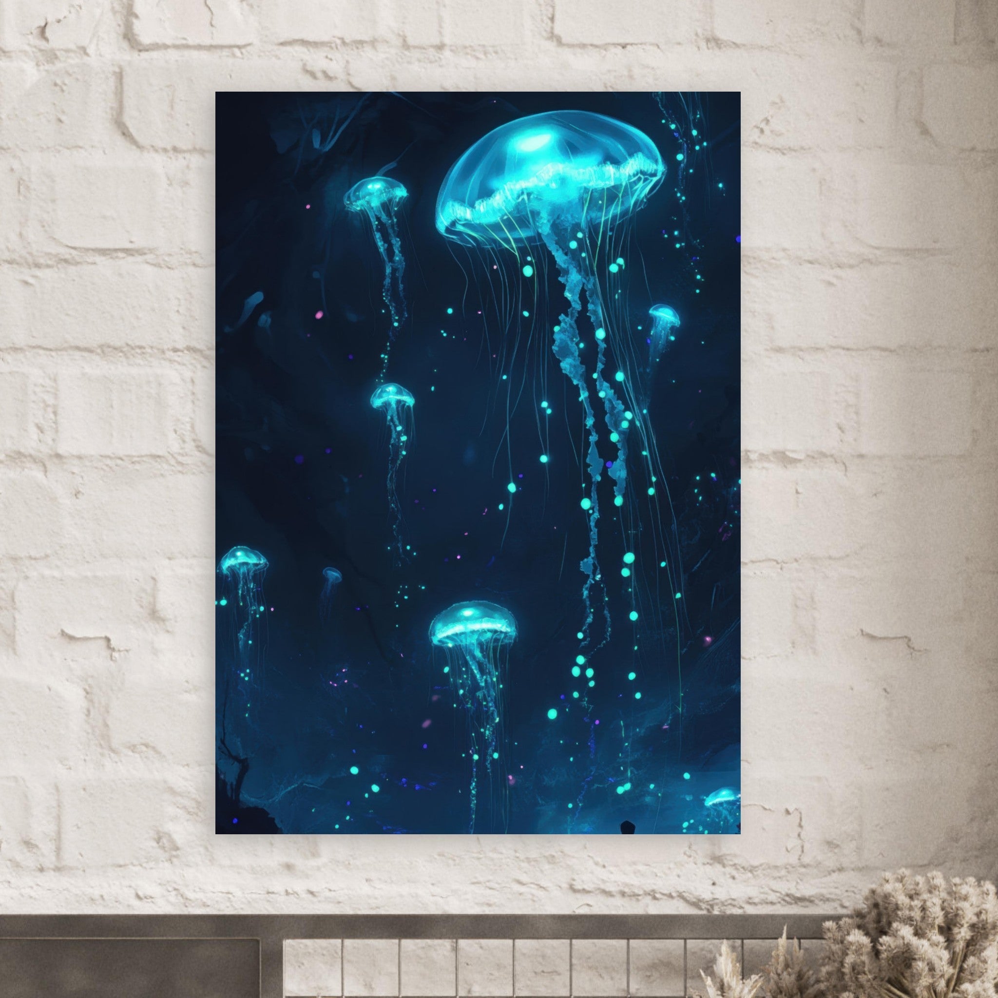 Fine Art Poster Portrait - Glowing Bioluminescent Jellyfish in the Deep Tea - Shop Ai Art WebShop - Digital Art online Store