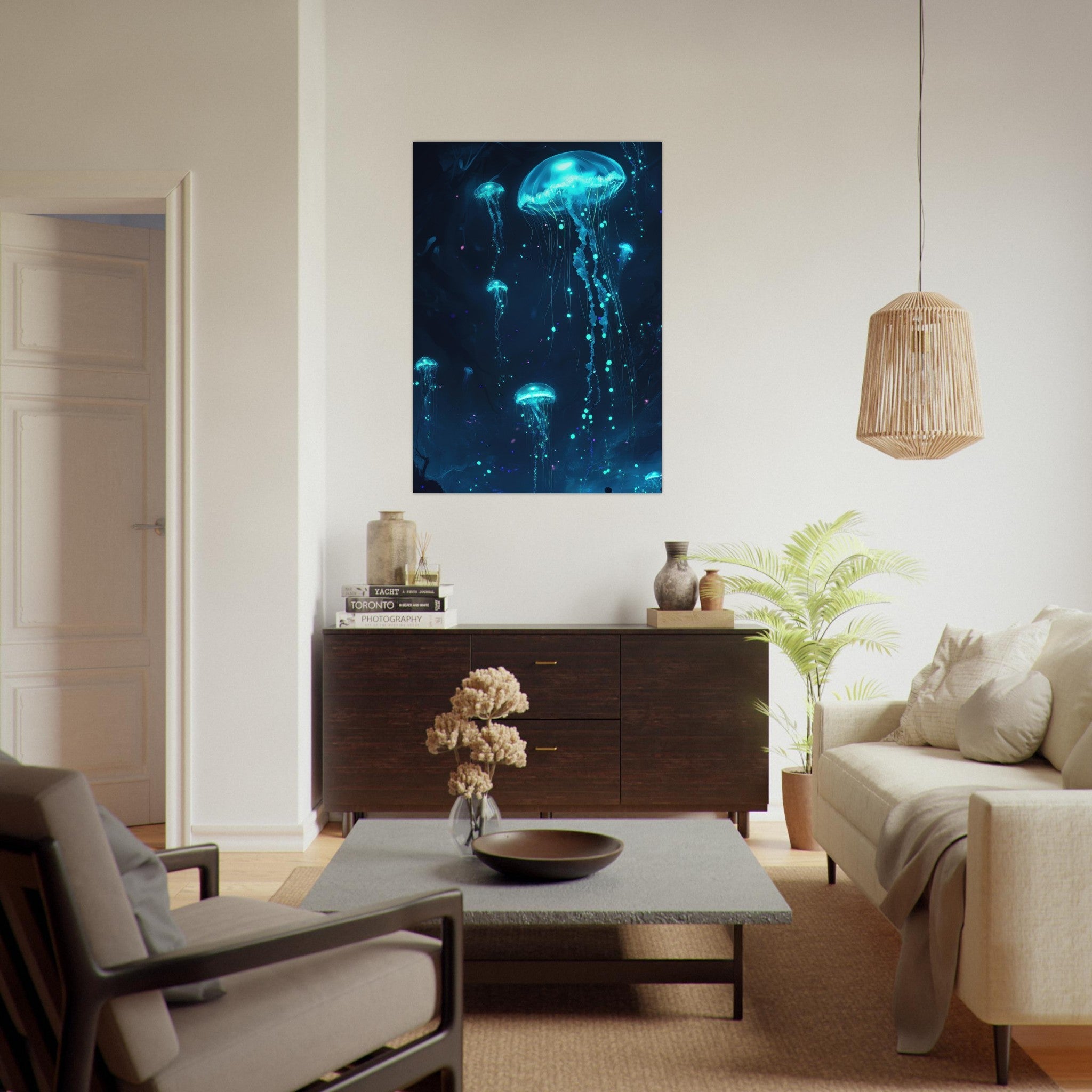 Fine Art Poster Portrait - Glowing Bioluminescent Jellyfish in the Deep Tea - Shop Ai Art WebShop - Digital Art online Store