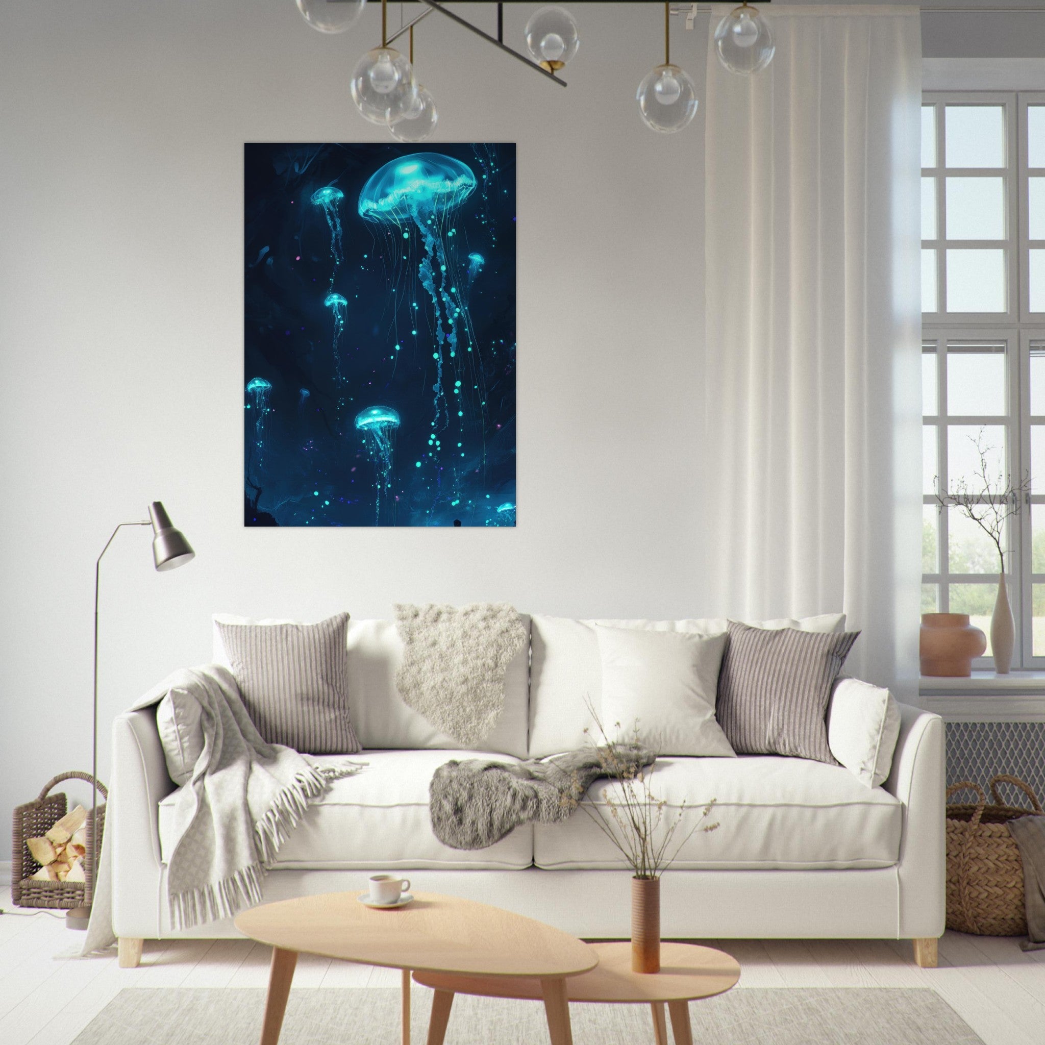 Fine Art Poster Portrait - Glowing Bioluminescent Jellyfish in the Deep Tea - Shop Ai Art WebShop - Digital Art online Store
