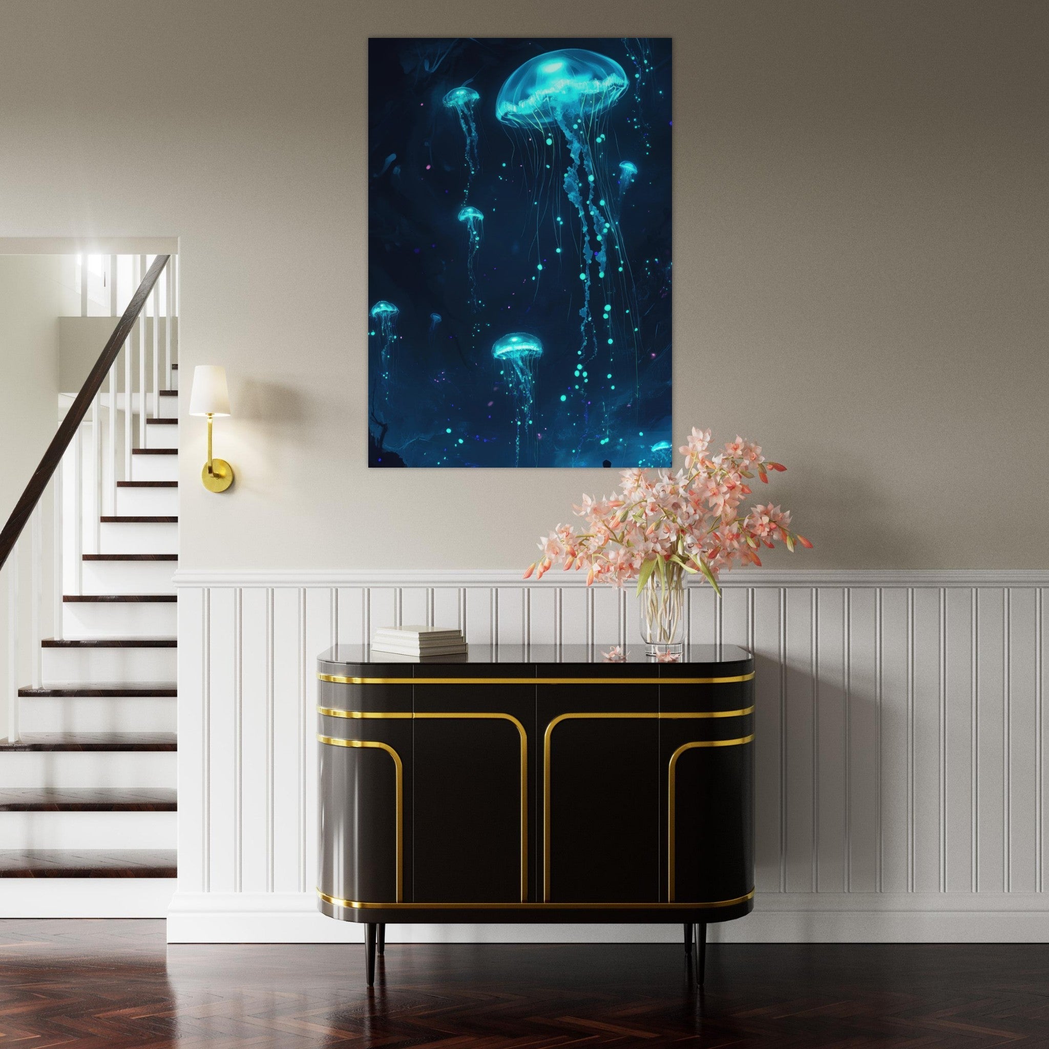 Fine Art Poster Portrait - Glowing Bioluminescent Jellyfish in the Deep Tea - Shop Ai Art WebShop - Digital Art online Store