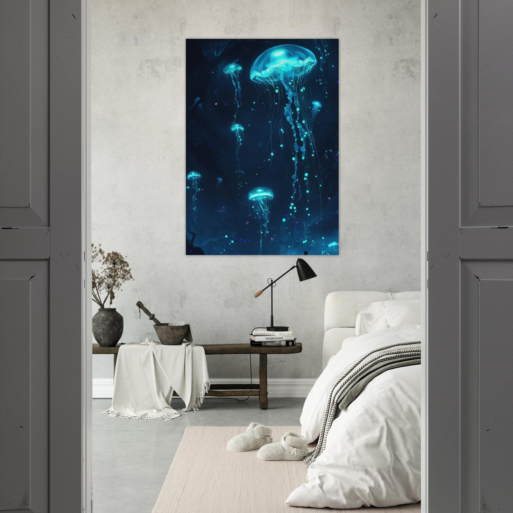 Fine Art Poster Portrait - Glowing Bioluminescent Jellyfish in the Deep Tea - Shop Ai Art WebShop - Digital Art online Store