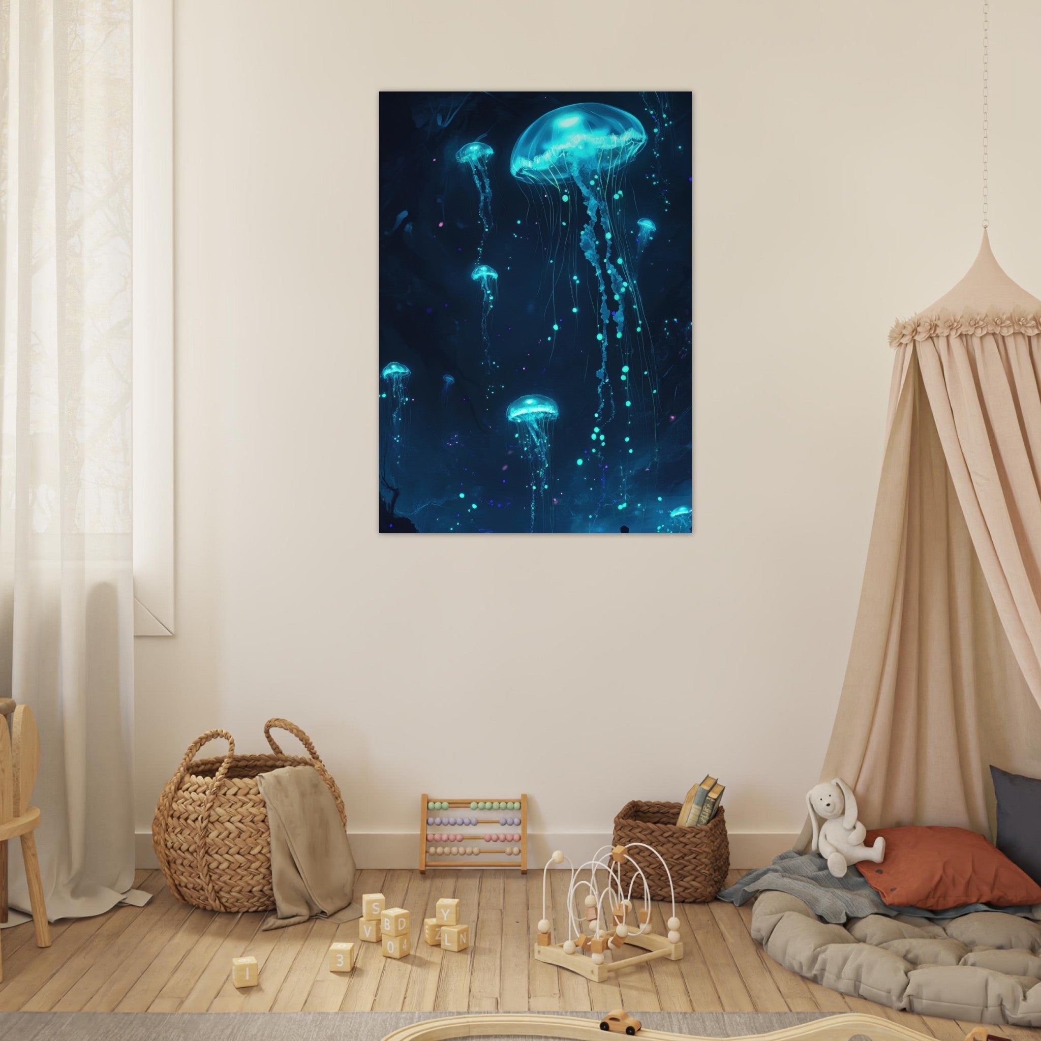 Fine Art Poster Portrait - Glowing Bioluminescent Jellyfish in the Deep Tea - Shop Ai Art WebShop - Digital Art online Store