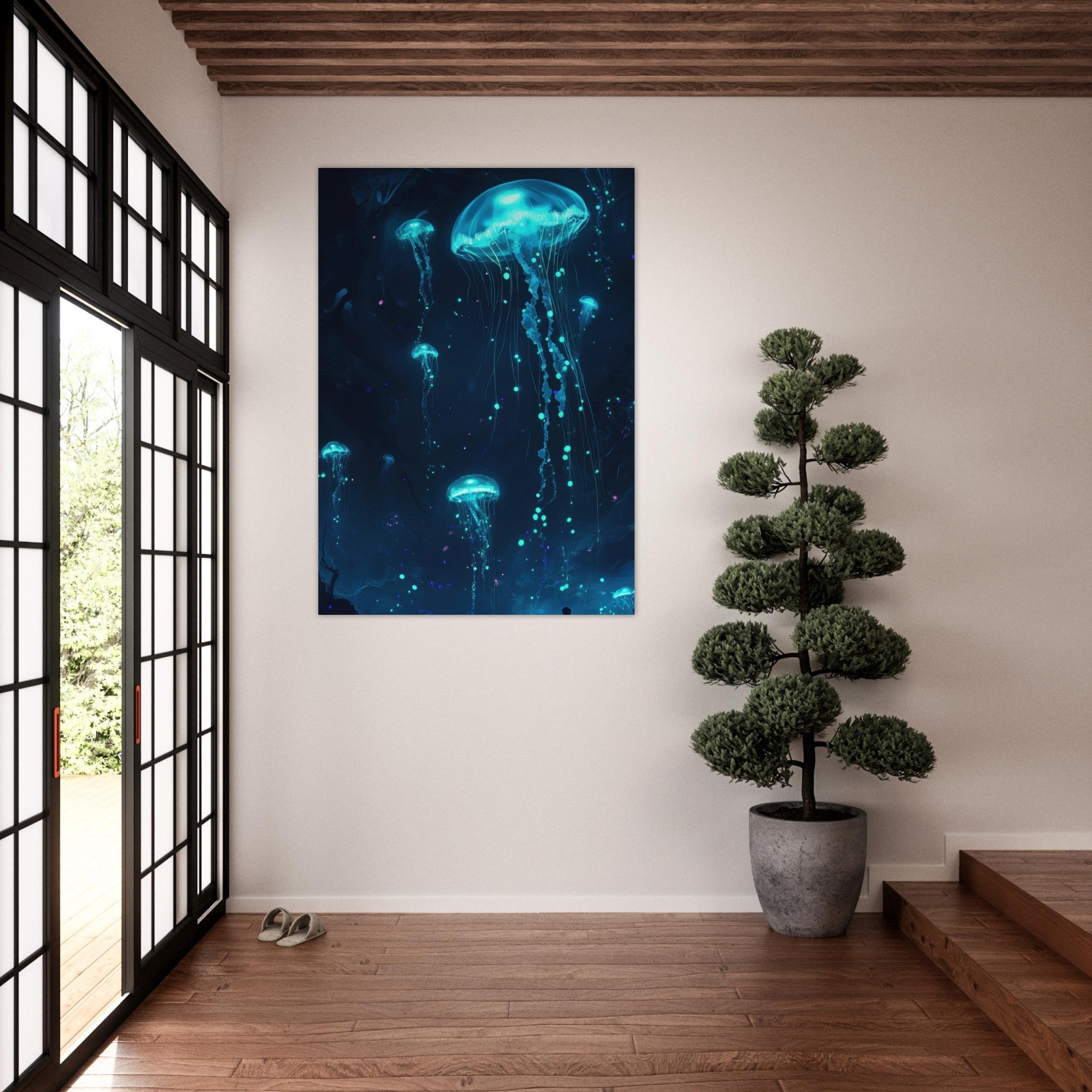 Fine Art Poster Portrait - Glowing Bioluminescent Jellyfish in the Deep Tea - Shop Ai Art WebShop - Digital Art online Store