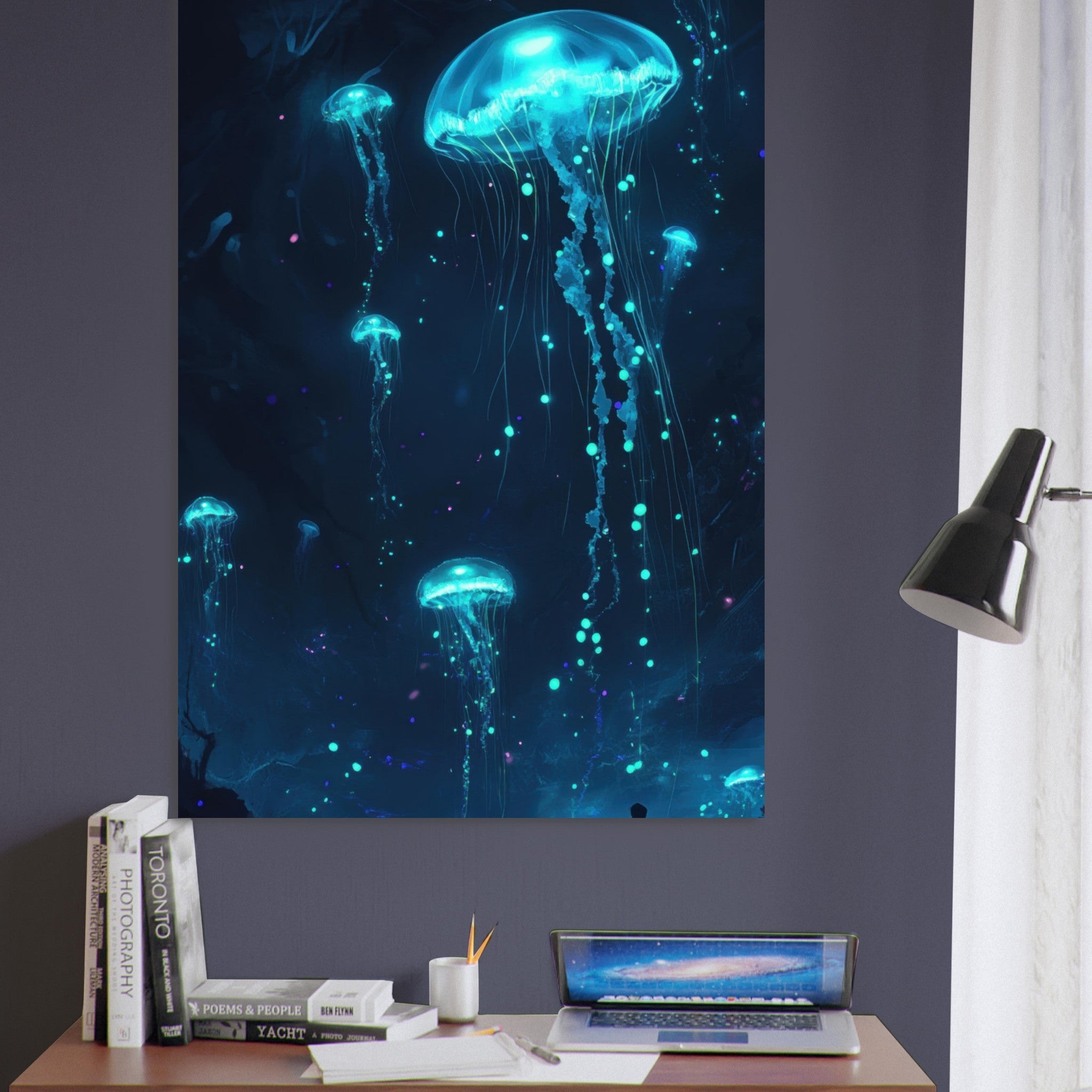 Fine Art Poster Portrait - Glowing Bioluminescent Jellyfish in the Deep Tea - Shop Ai Art WebShop - Digital Art online Store