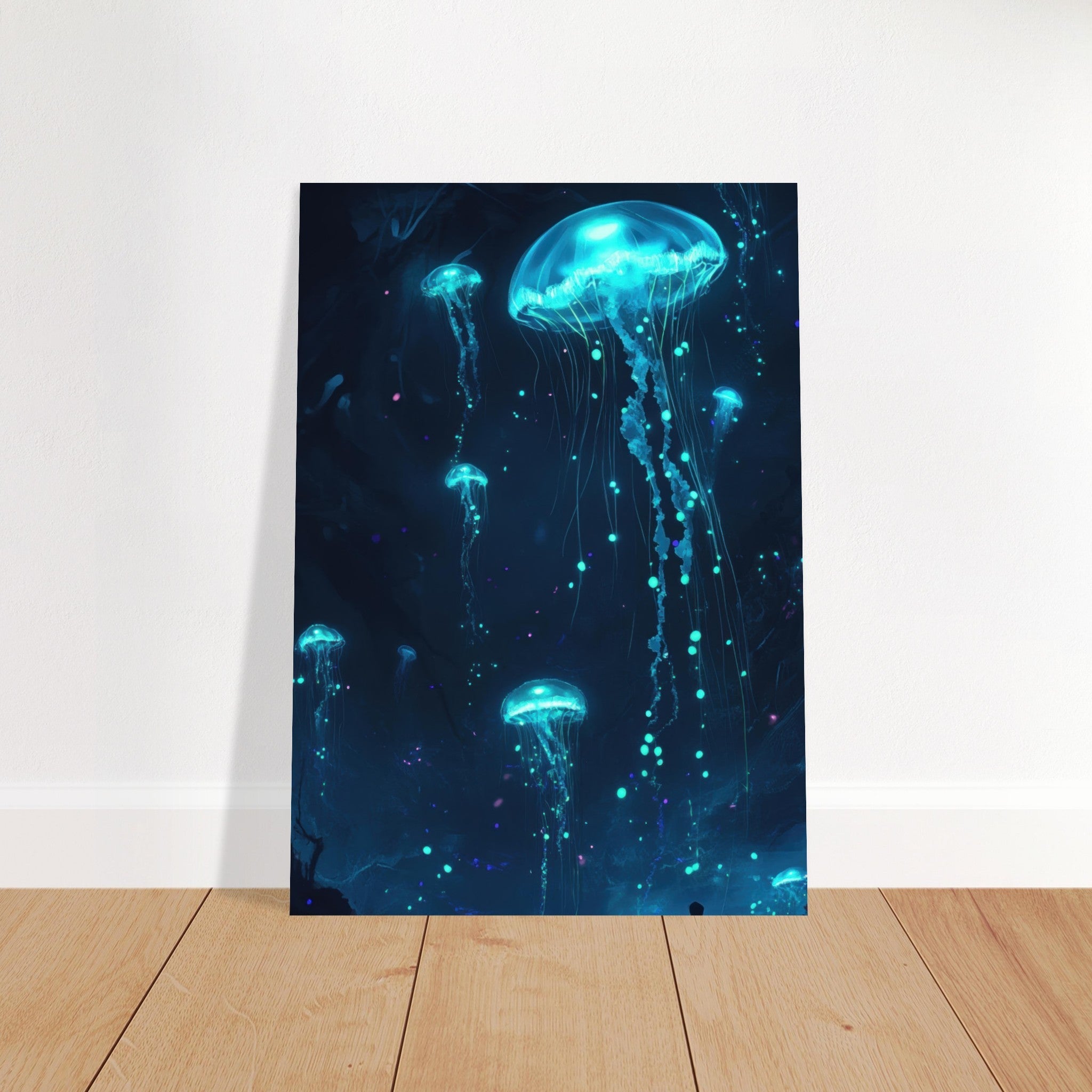 Fine Art Poster Portrait - Glowing Bioluminescent Jellyfish in the Deep Tea - Shop Ai Art WebShop - Digital Art online Store