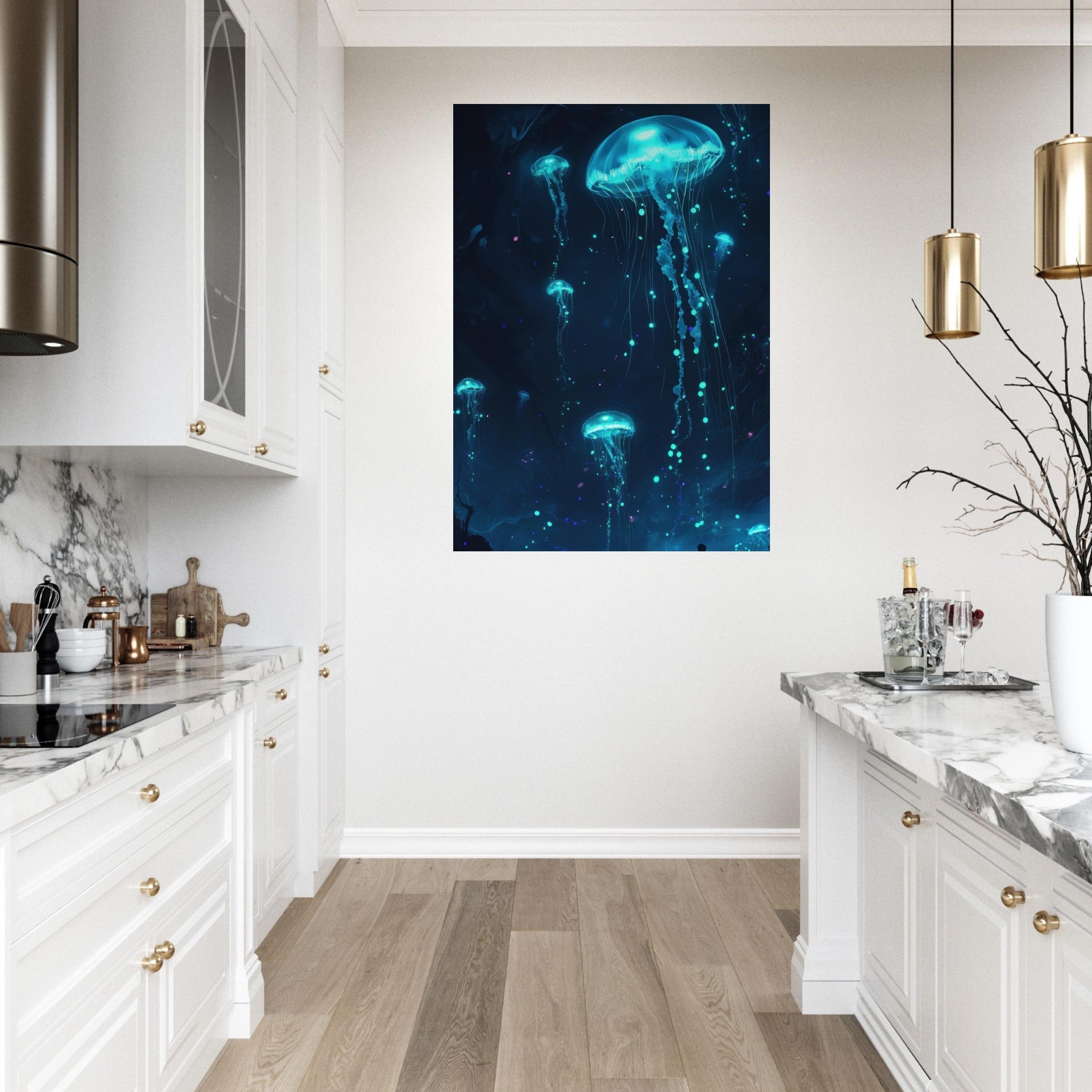 Fine Art Poster Portrait - Glowing Bioluminescent Jellyfish in the Deep Tea - Shop Ai Art WebShop - Digital Art online Store