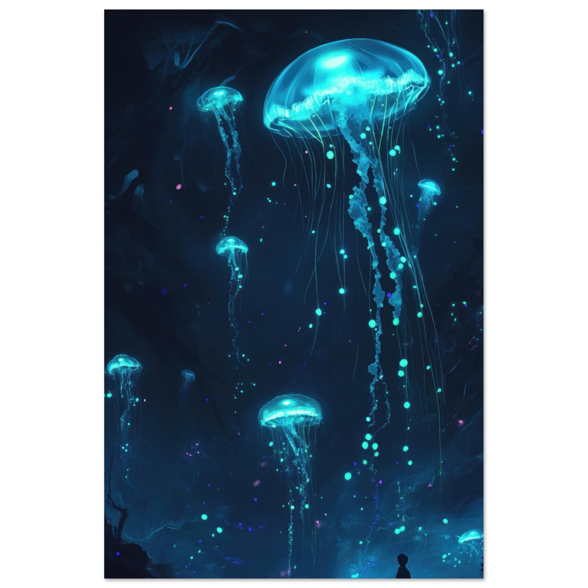 Fine Art Poster Portrait - Glowing Bioluminescent Jellyfish in the Deep Tea - Shop Ai Art WebShop - Digital Art online Store