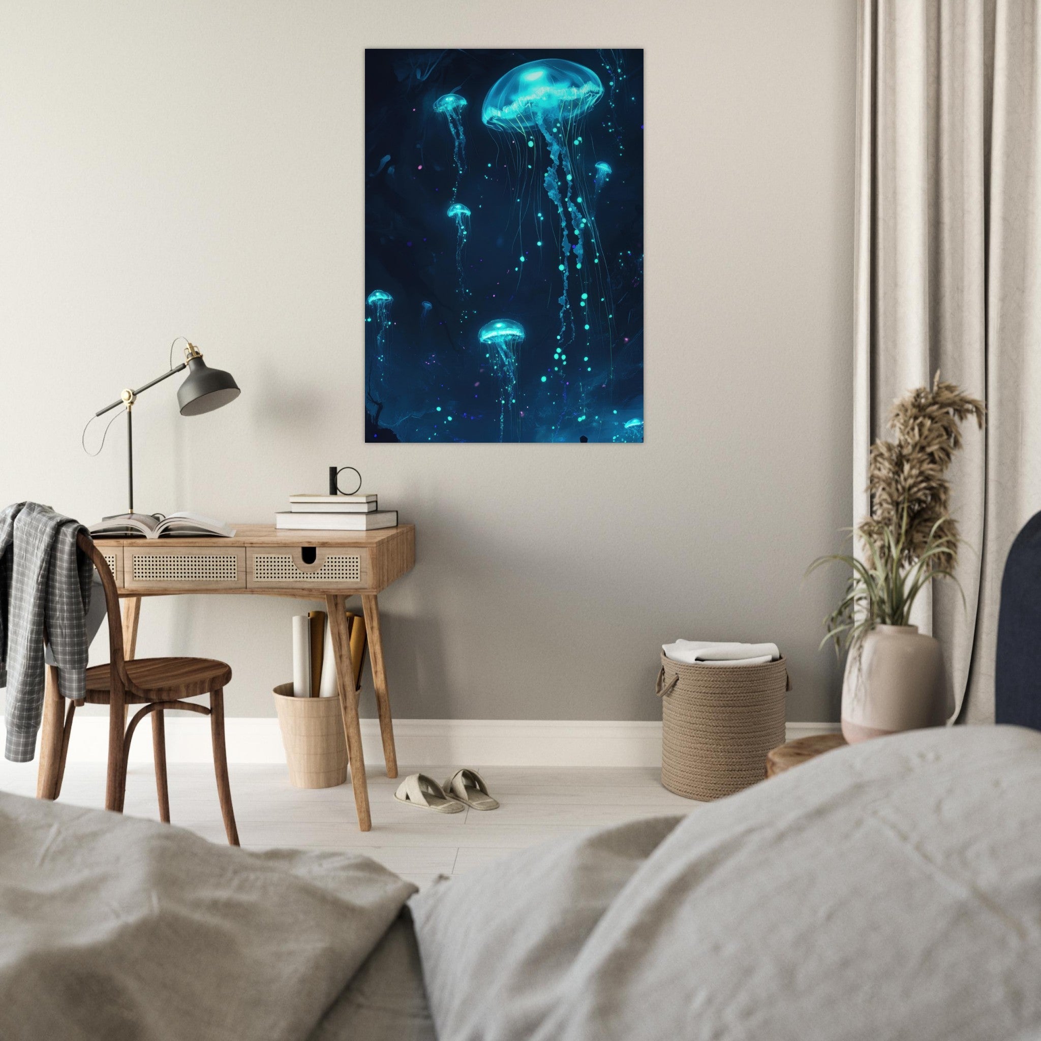 Fine Art Poster Portrait - Glowing Bioluminescent Jellyfish in the Deep Tea - Shop Ai Art WebShop - Digital Art online Store