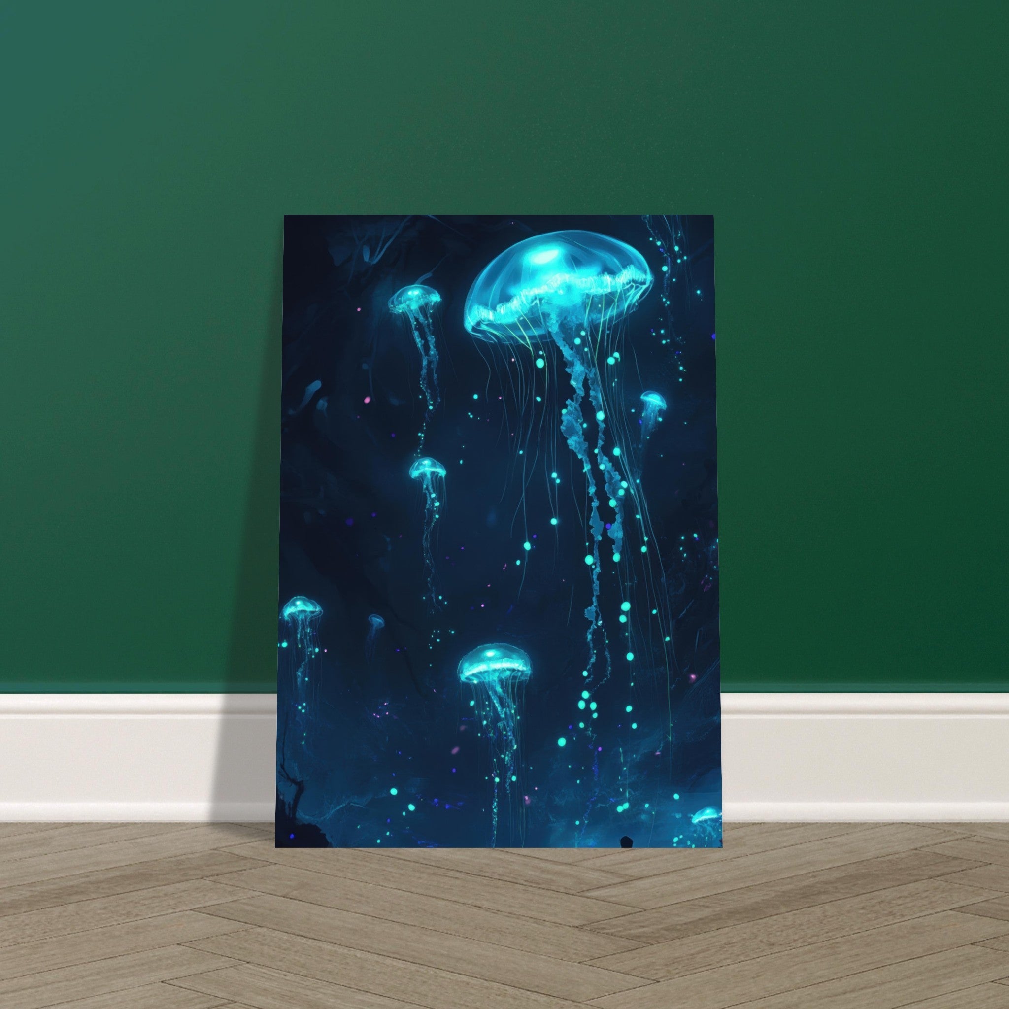 Fine Art Poster Portrait - Glowing Bioluminescent Jellyfish in the Deep Tea - Shop Ai Art WebShop - Digital Art online Store