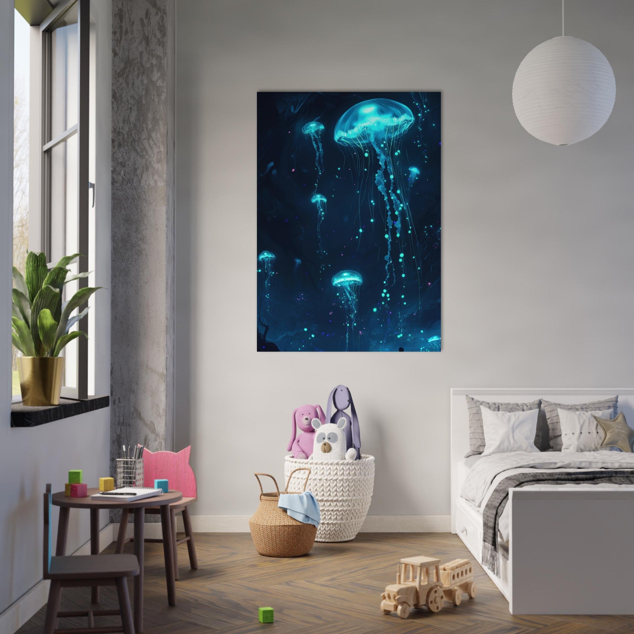 Fine Art Poster Portrait - Glowing Bioluminescent Jellyfish in the Deep Tea - Shop Ai Art WebShop - Digital Art online Store