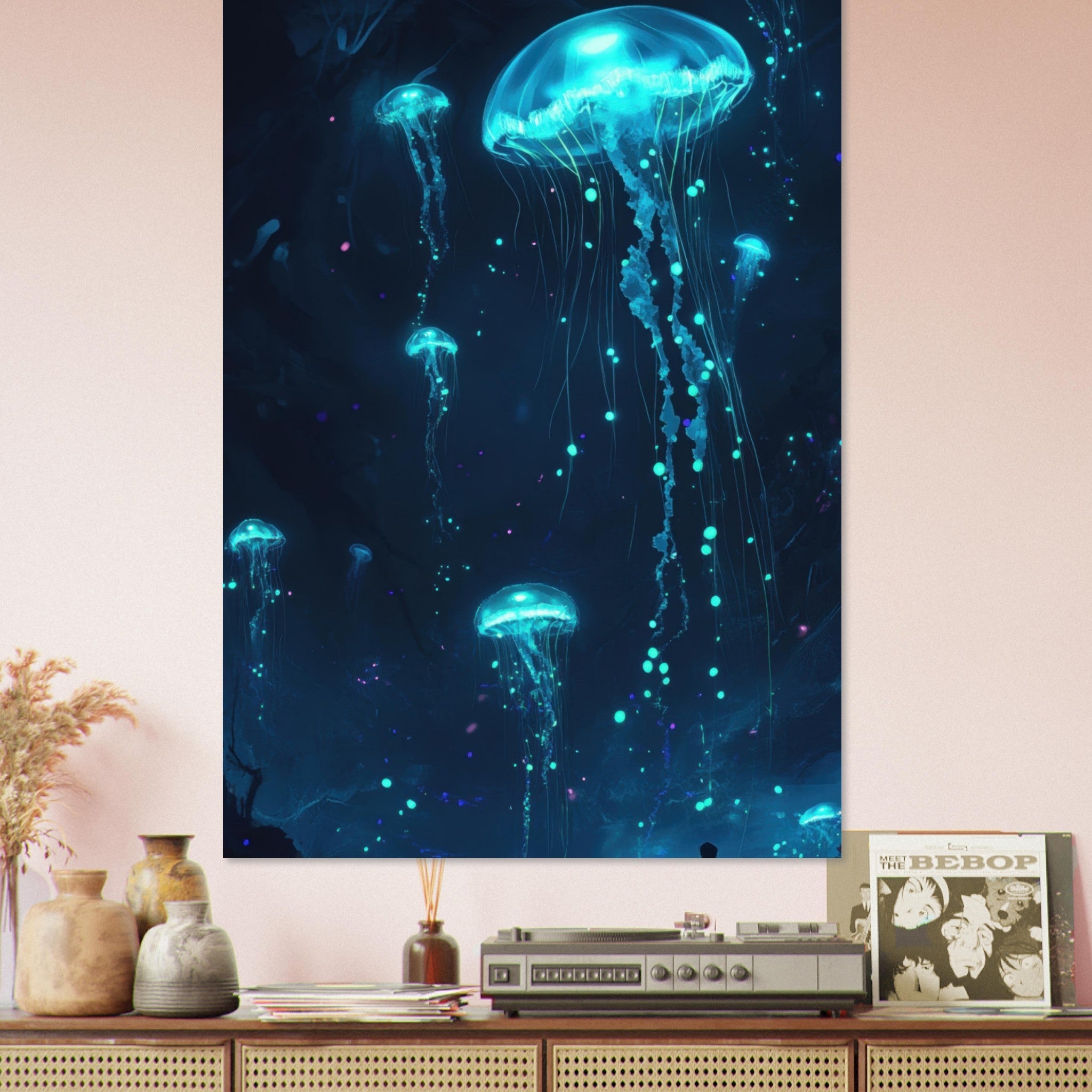 Fine Art Poster Portrait - Glowing Bioluminescent Jellyfish in the Deep Tea - Shop Ai Art WebShop - Digital Art online Store