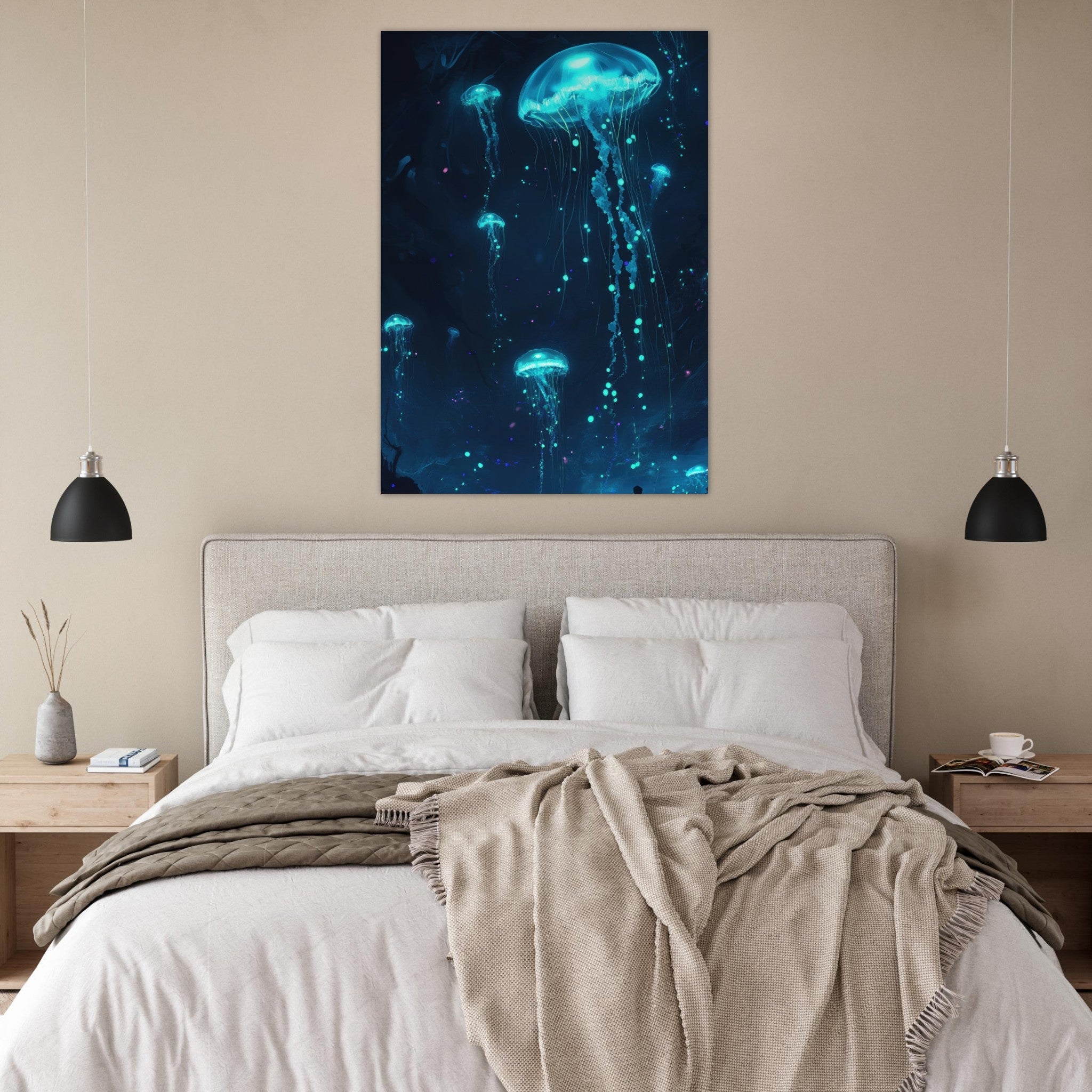 Fine Art Poster Portrait - Glowing Bioluminescent Jellyfish in the Deep Tea - Shop Ai Art WebShop - Digital Art online Store