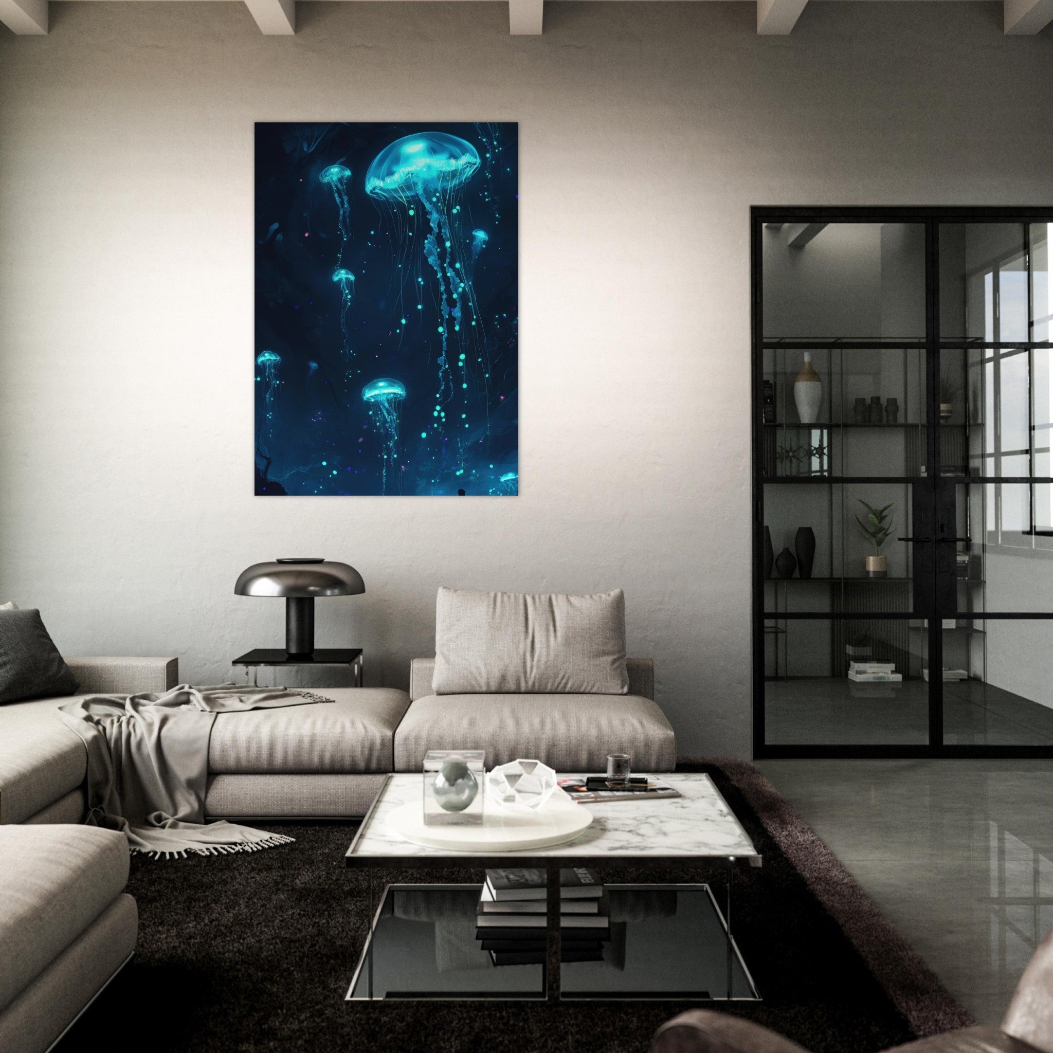 Fine Art Poster Portrait - Glowing Bioluminescent Jellyfish in the Deep Tea - Shop Ai Art WebShop - Digital Art online Store