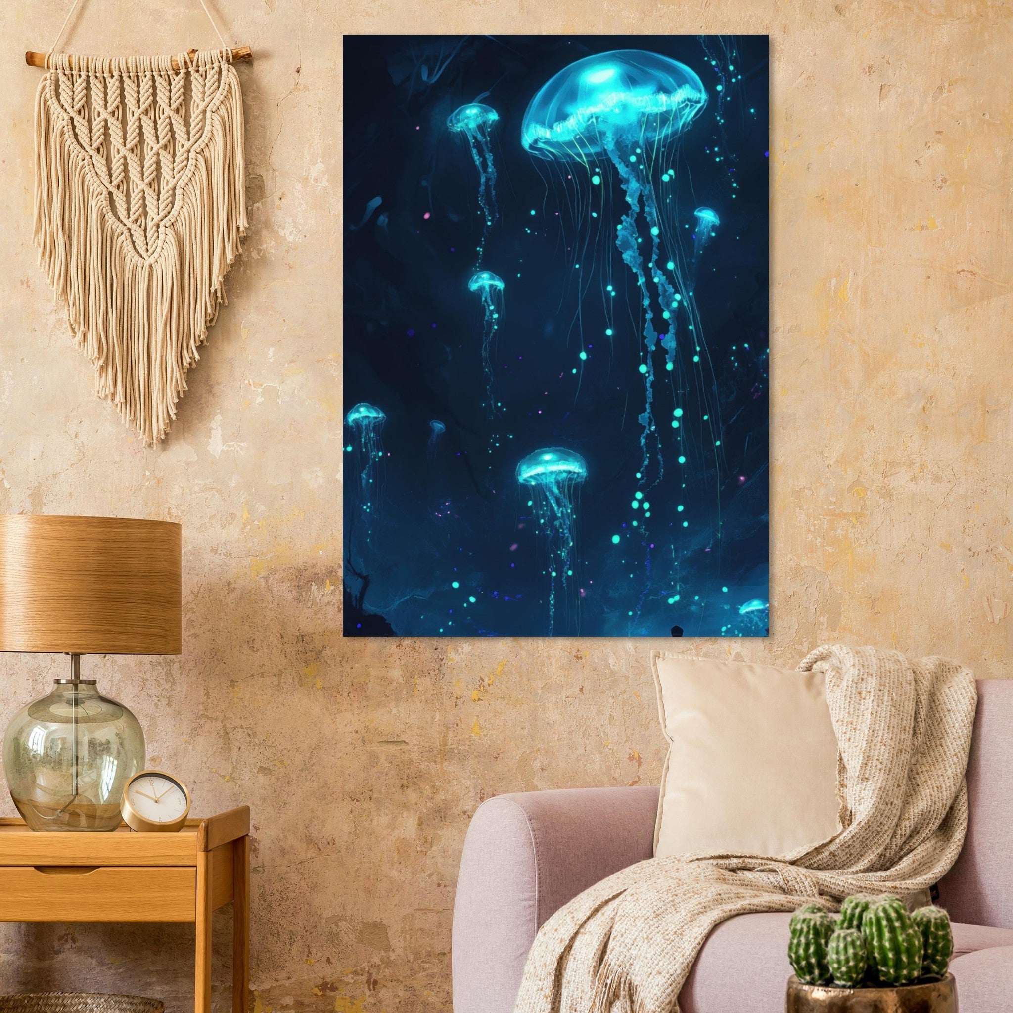 Fine Art Poster Portrait - Glowing Bioluminescent Jellyfish in the Deep Tea - Shop Ai Art WebShop - Digital Art online Store