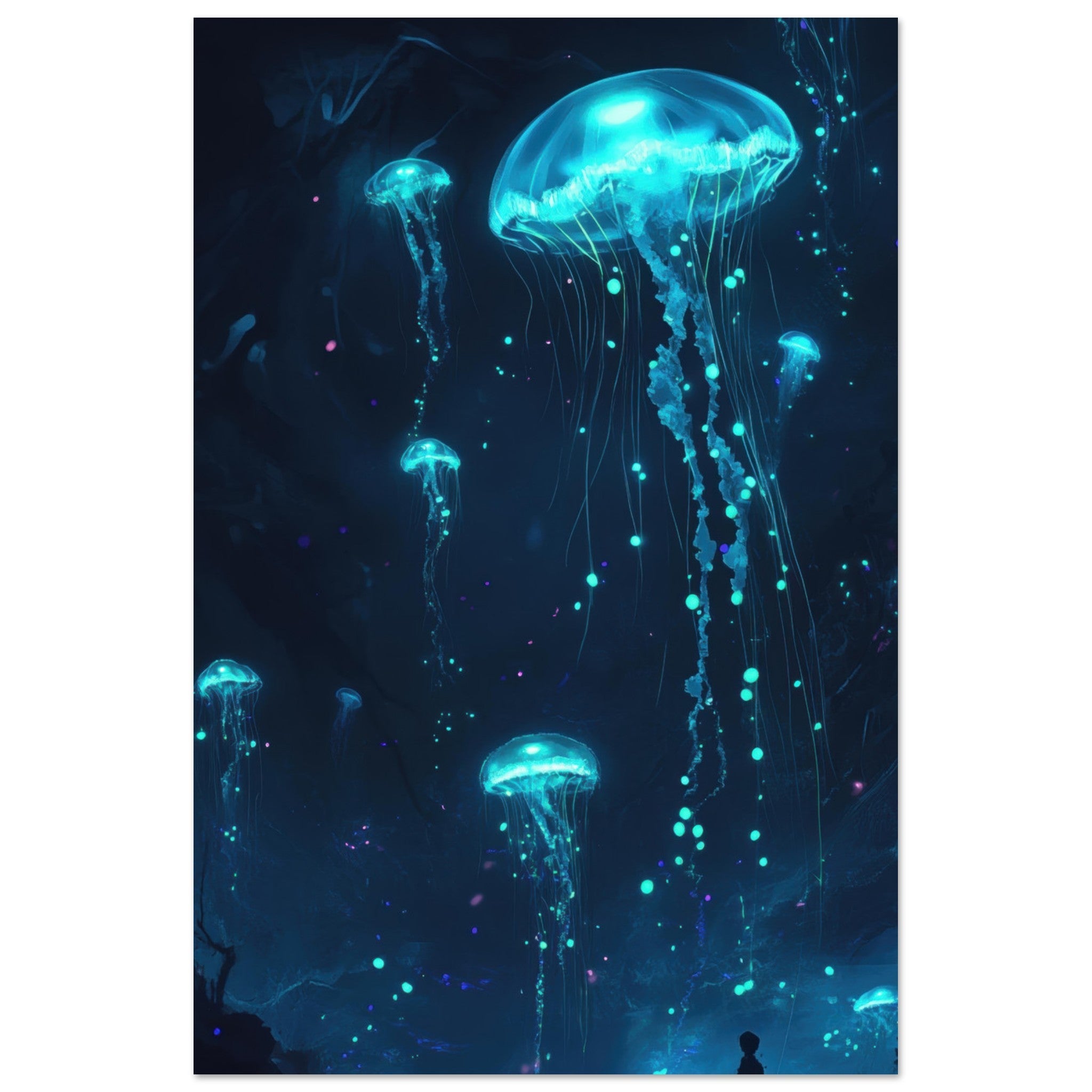 Fine Art Poster Portrait - Glowing Bioluminescent Jellyfish in the Deep Tea - Shop Ai Art WebShop - Digital Art online Store