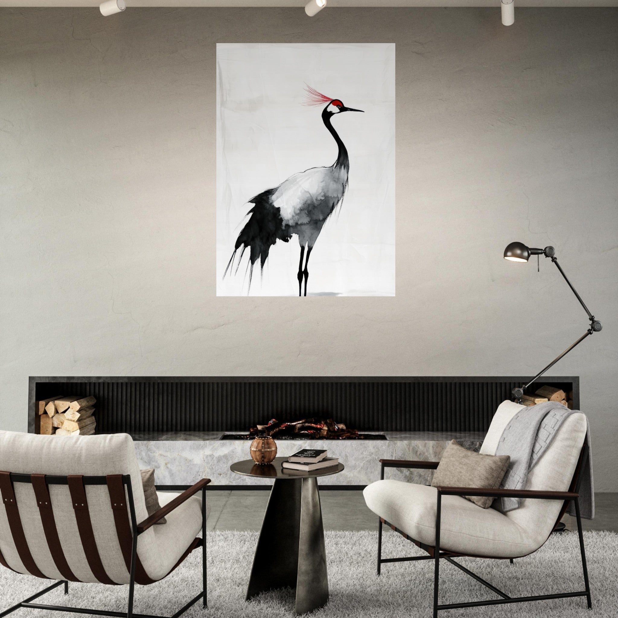 Fine Art Poster Portrait - Japanese Ink Wash Painting of a Crane A graceful 2 - Shop Ai Art WebShop - Digital Art online Store
