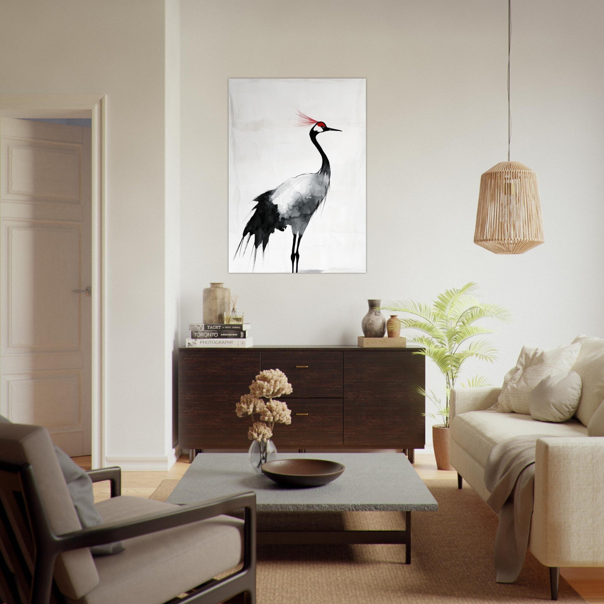 Fine Art Poster Portrait - Japanese Ink Wash Painting of a Crane A graceful 2 - Shop Ai Art WebShop - Digital Art online Store