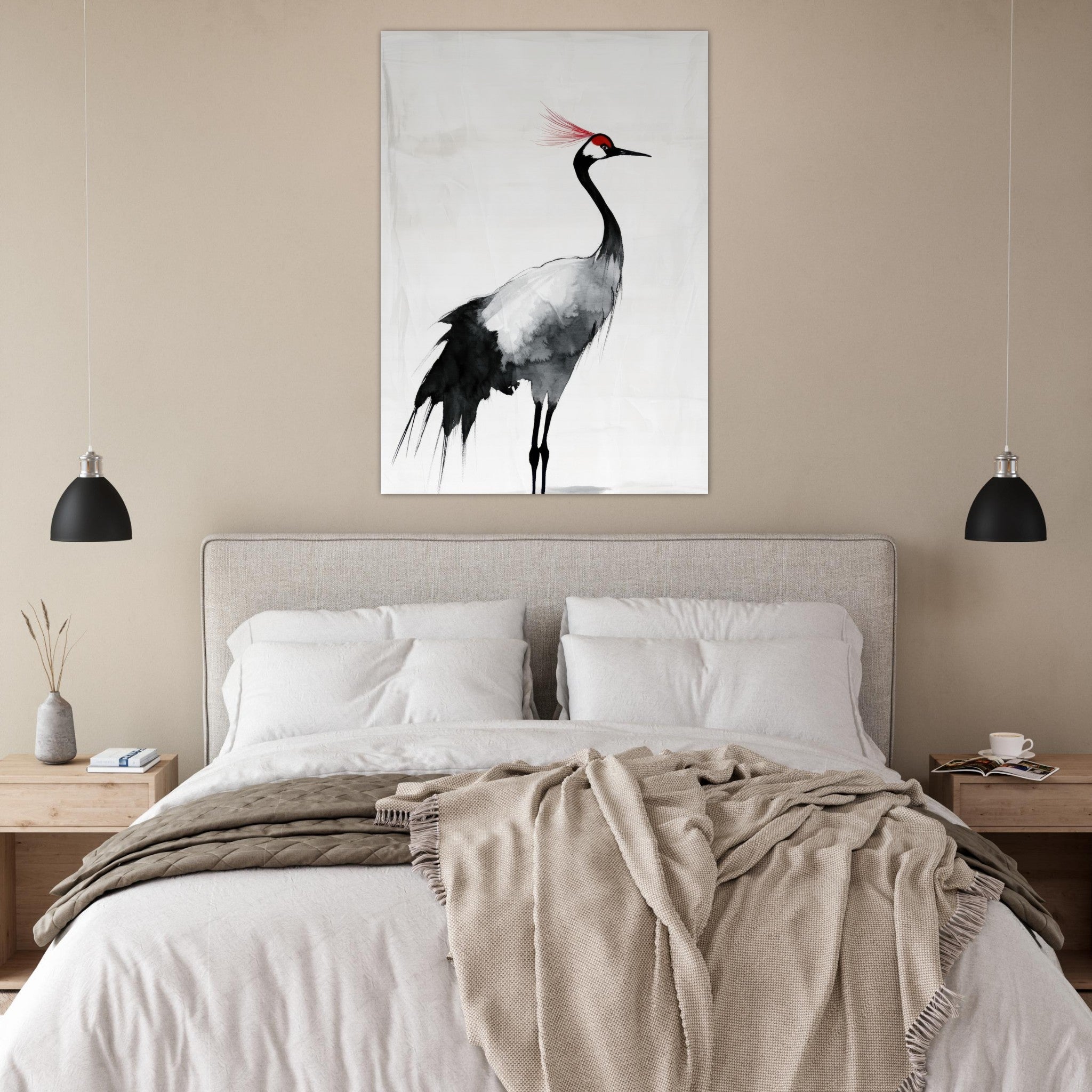 Fine Art Poster Portrait - Japanese Ink Wash Painting of a Crane A graceful 2 - Shop Ai Art WebShop - Digital Art online Store