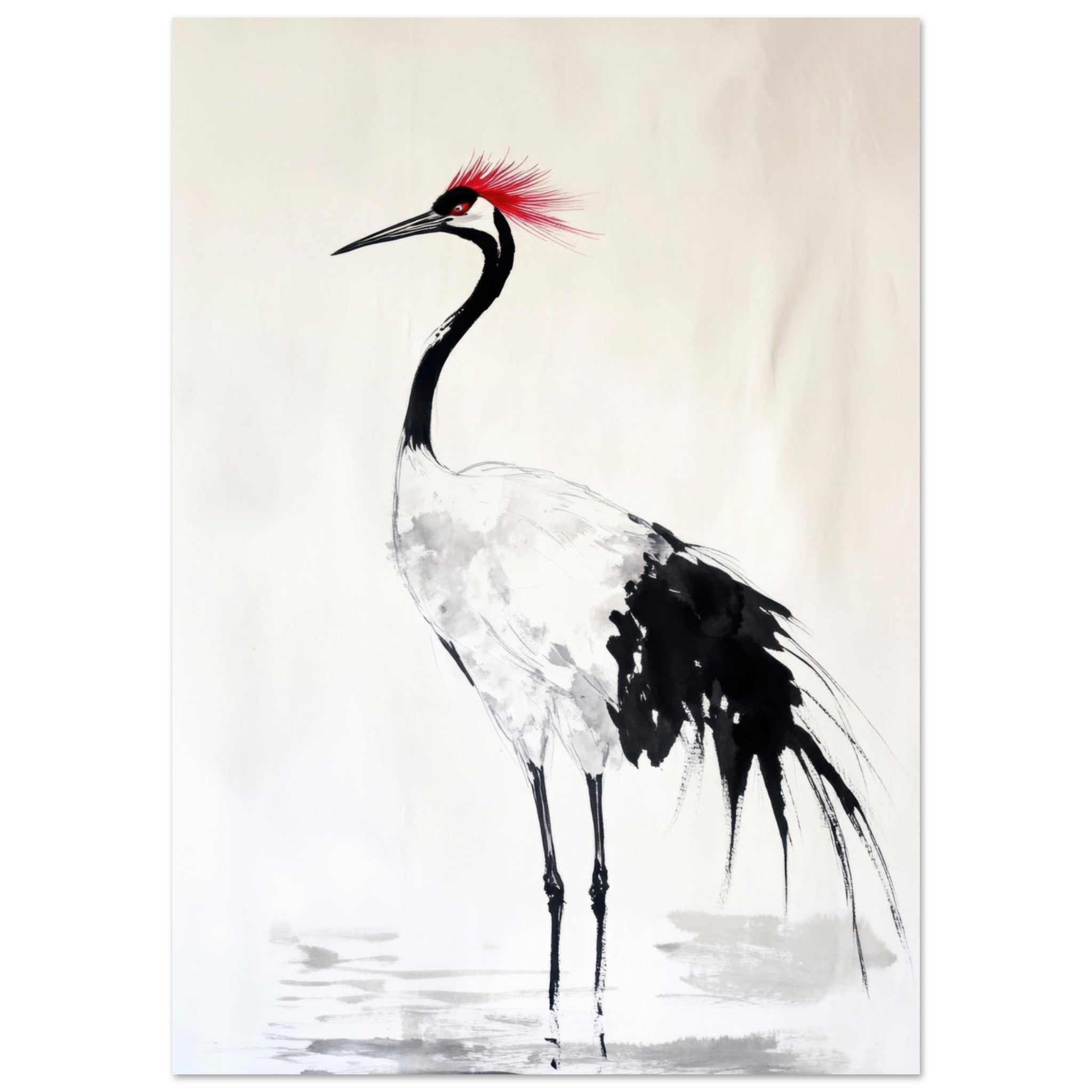 Fine Art Poster Portrait - Japanese Ink Wash Painting of a Crane A graceful - Shop Ai Art WebShop - Digital Art online Store