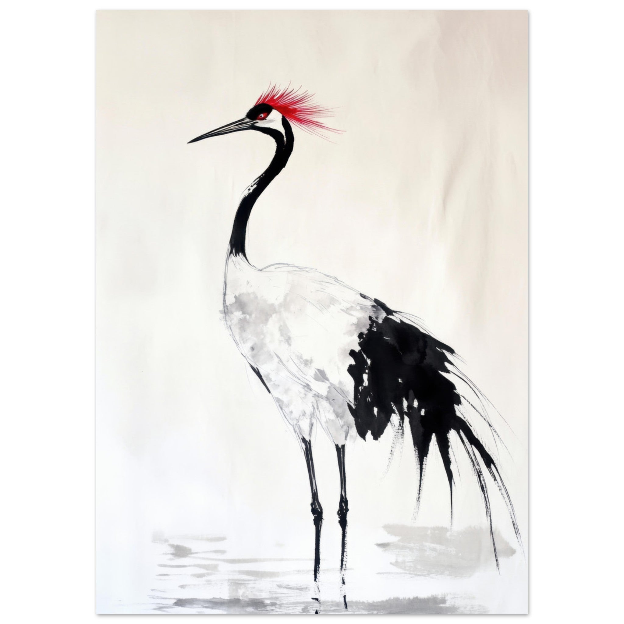 Fine Art Poster Portrait - Japanese Ink Wash Painting of a Crane A graceful - Shop Ai Art WebShop - Digital Art online Store