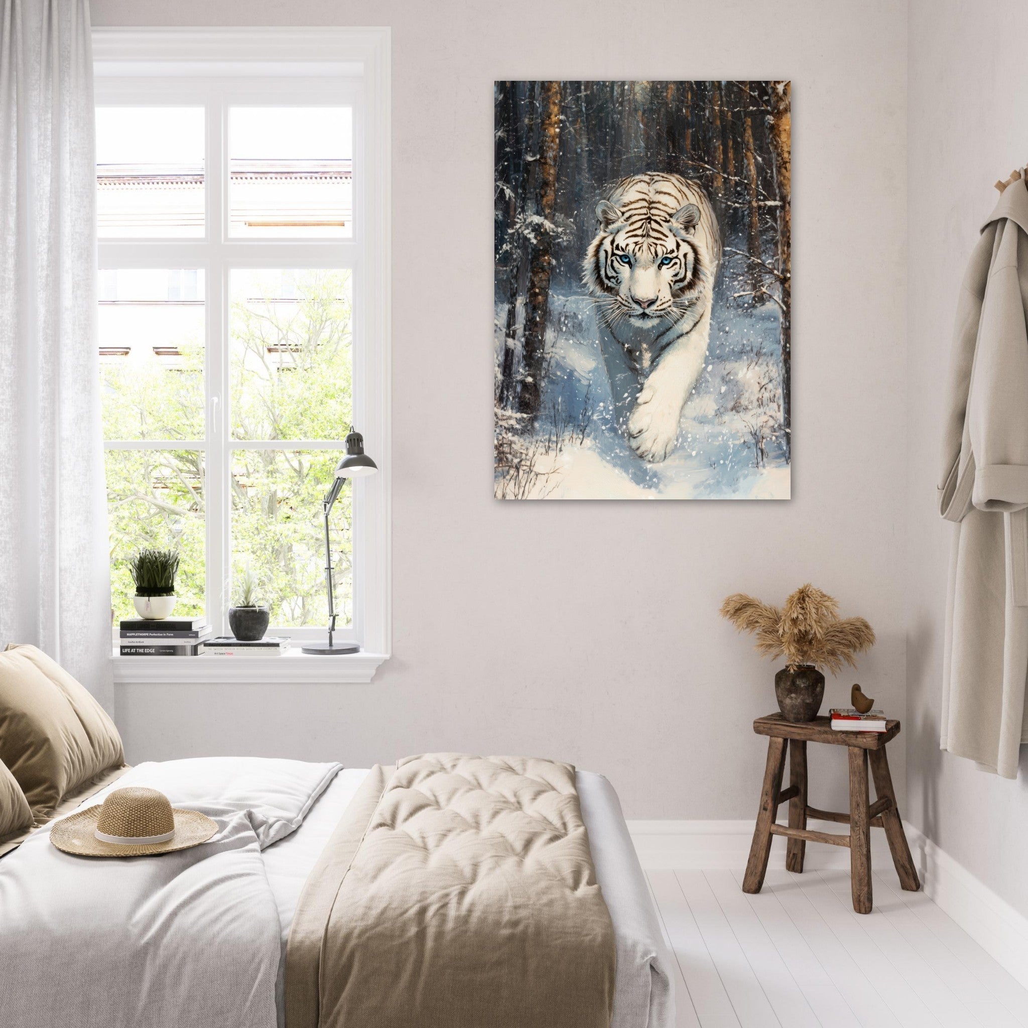 Fine Art Poster Portrait - Majestic White Tiger in a Snowy Forest A powerful 2 - Shop Ai Art WebShop - Digital Art online Store