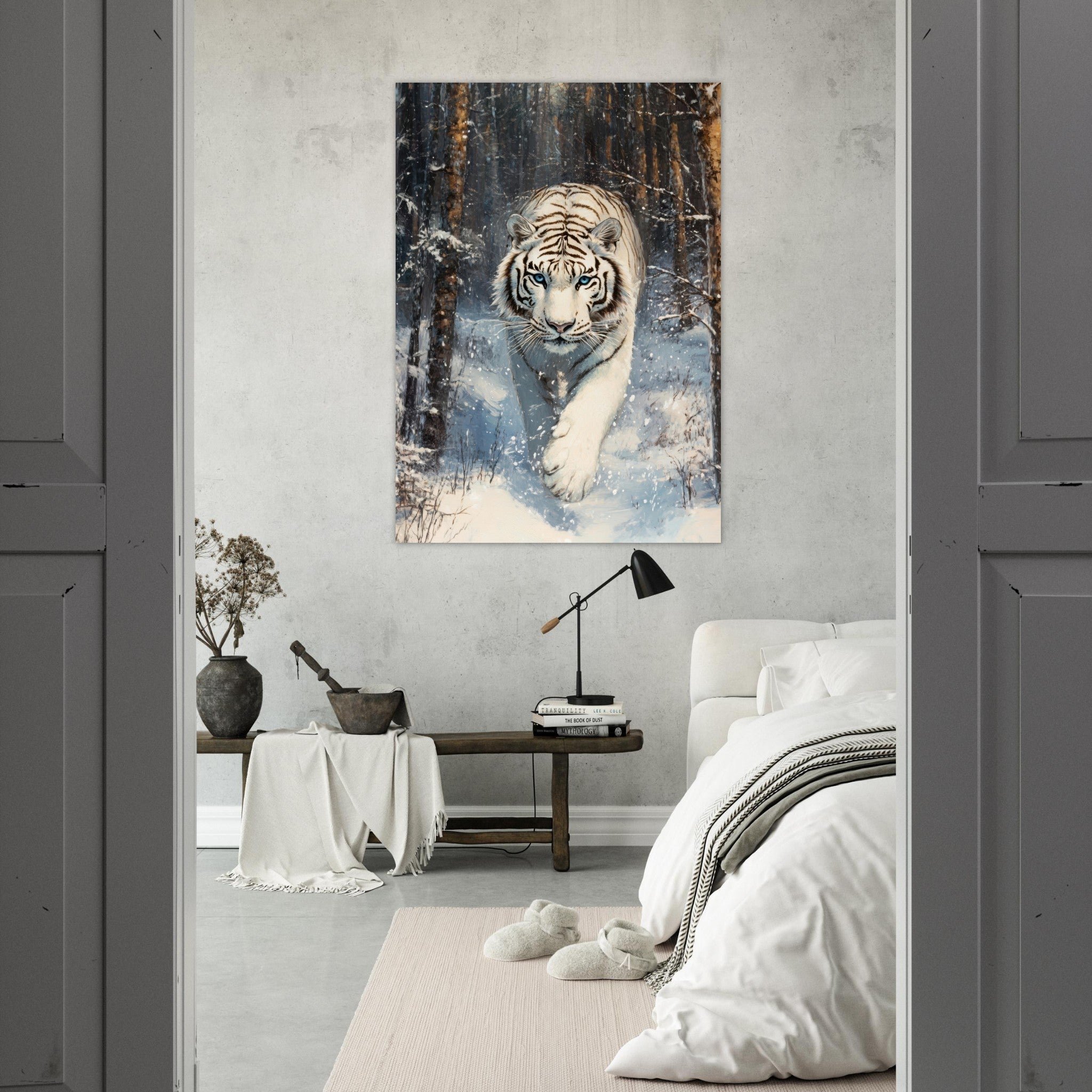 Fine Art Poster Portrait - Majestic White Tiger in a Snowy Forest A powerful 2 - Shop Ai Art WebShop - Digital Art online Store