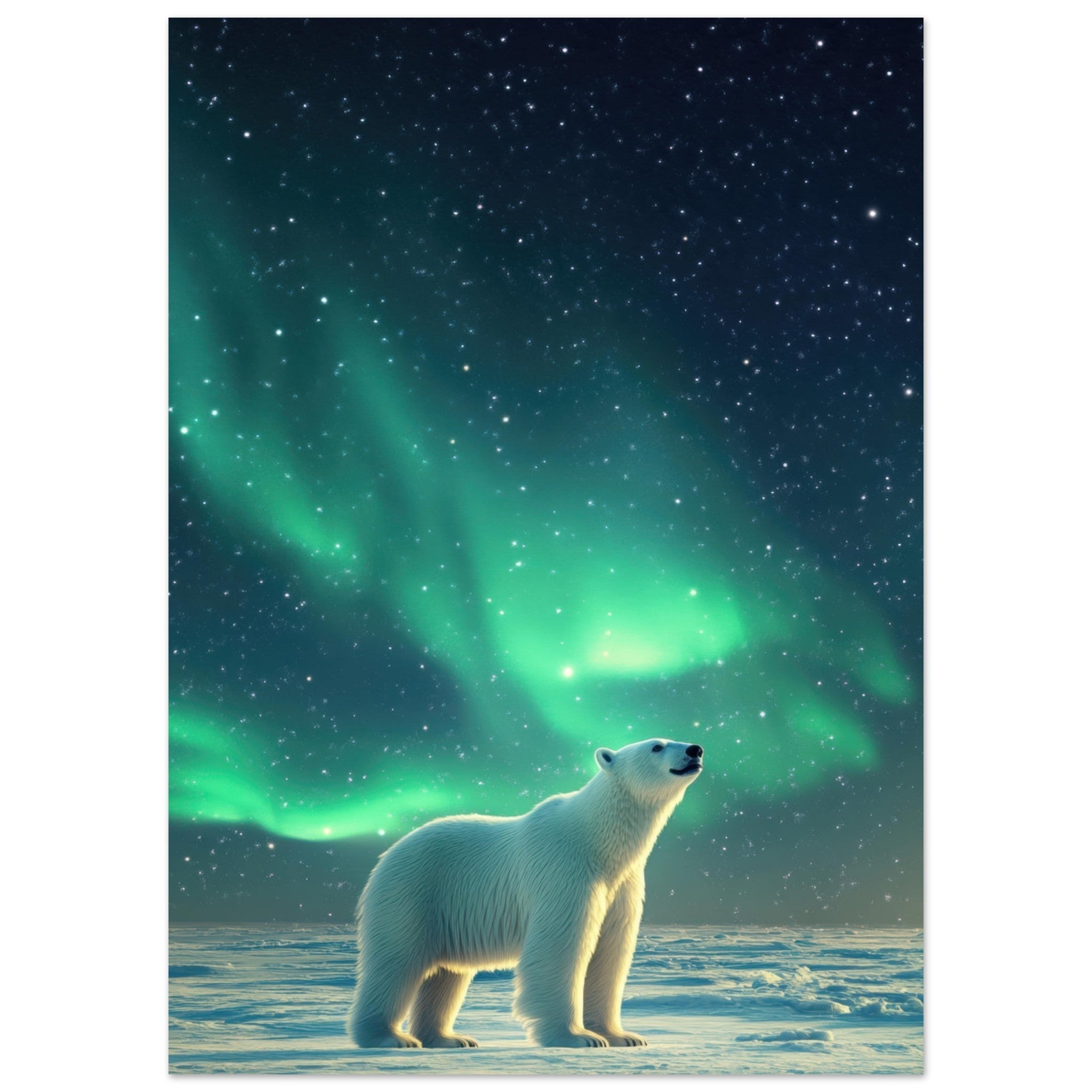 Fine Art Poster Portrait - Polar Bear Under the Aurora Borealis A solitary 3 - Shop Ai Art WebShop - Digital Art online Store