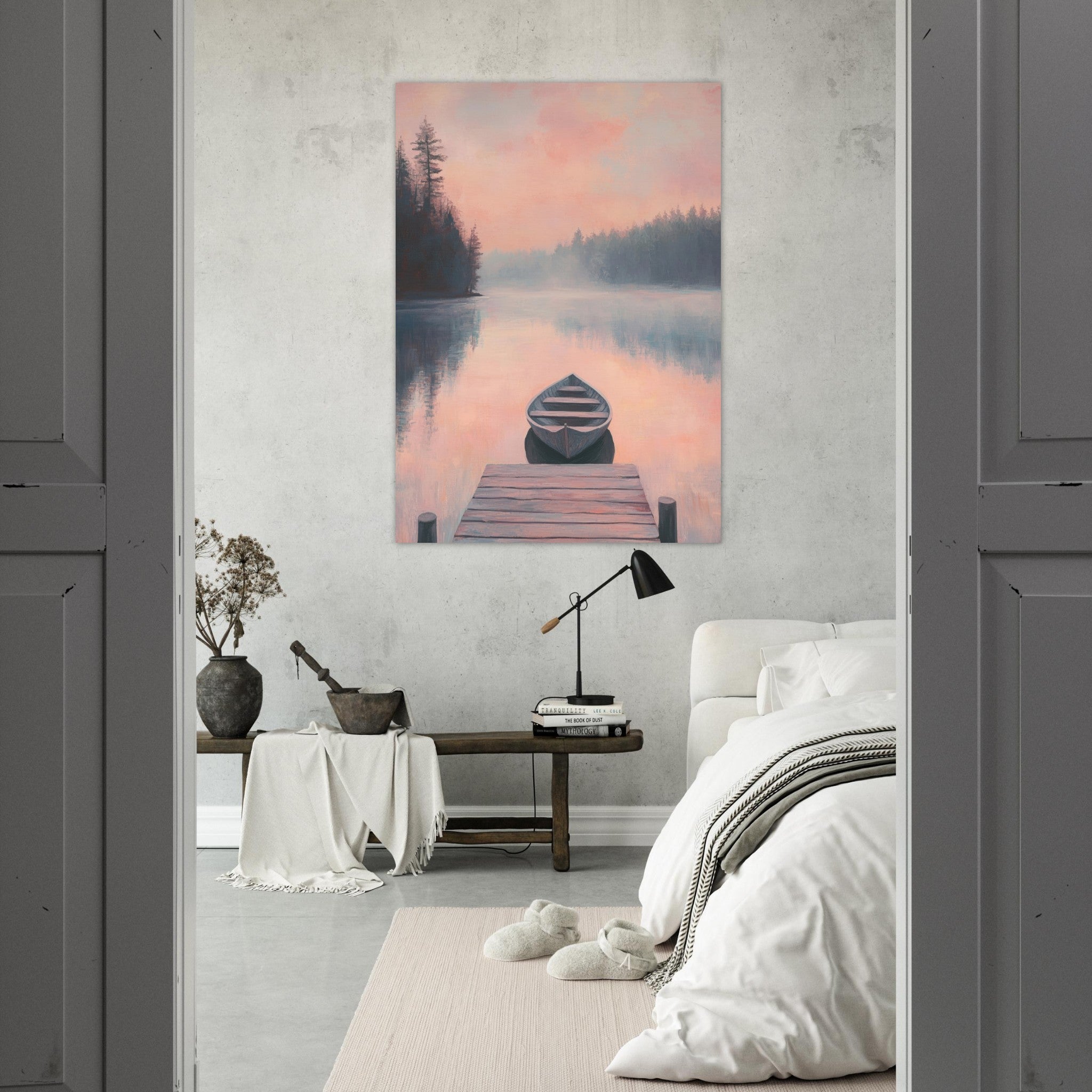 Fine Art Poster Portrait - Serene Lake with Rowboats A tranquil lake 3 - Shop Ai Art WebShop - Digital Art online Store