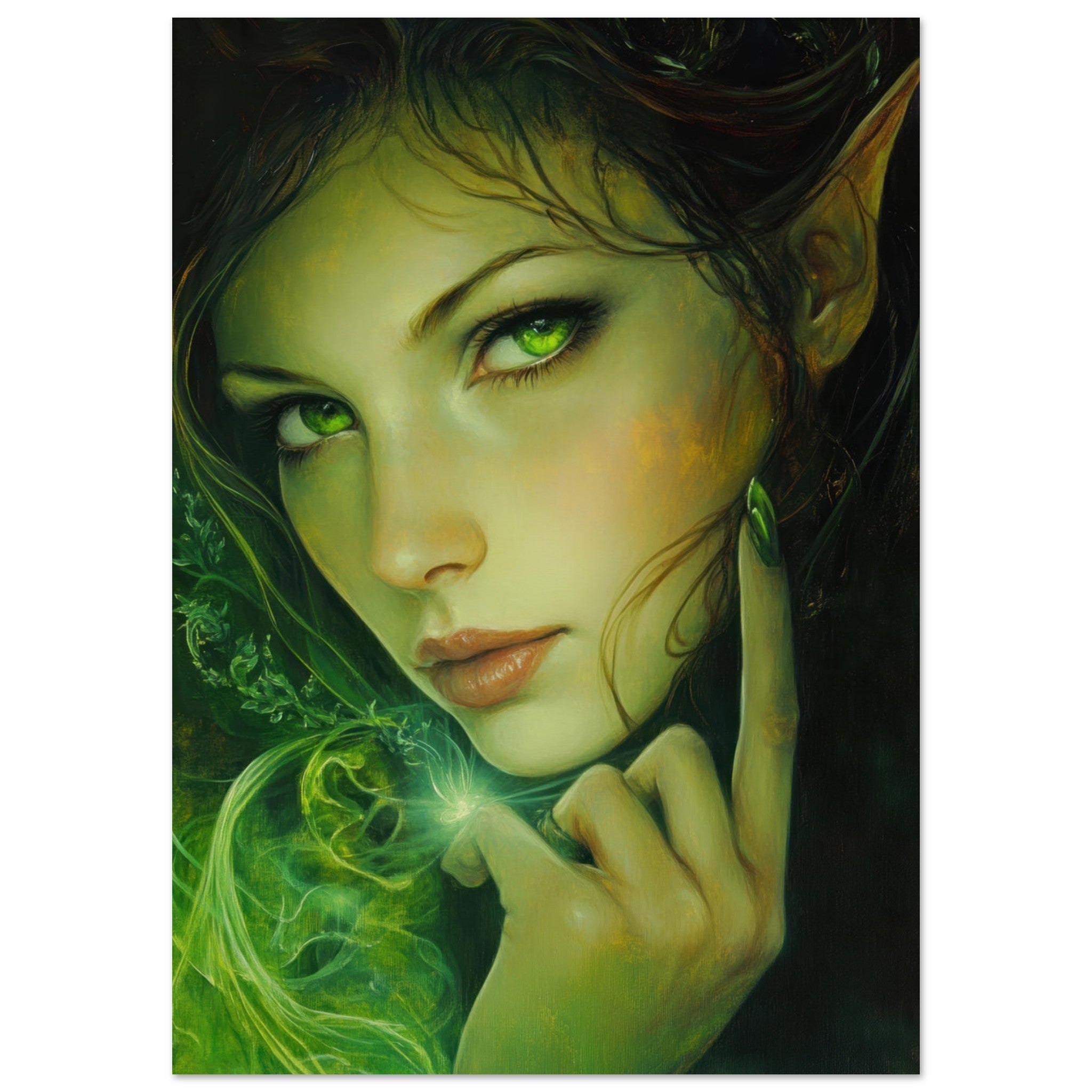Fine Art Poster Portrait - The Fae Sorceress of the Emerald Woods Oil Faint - Shop Ai Art WebShop - Digital Art online Store