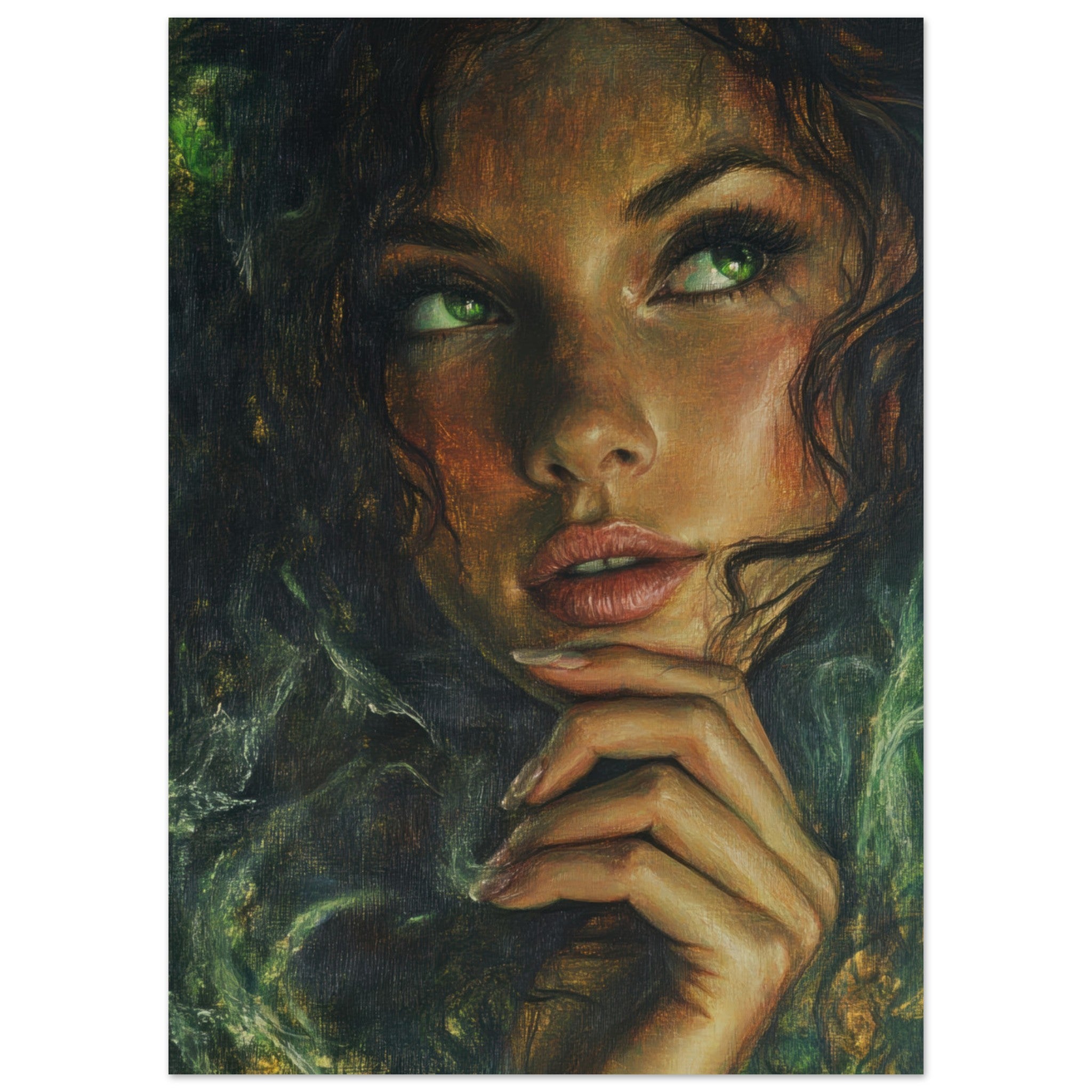 Fine Art Poster Portrait - The Fae Sorceress of the Emerald Woods Oil Faint 3 - Shop Ai Art WebShop - Digital Art online Store
