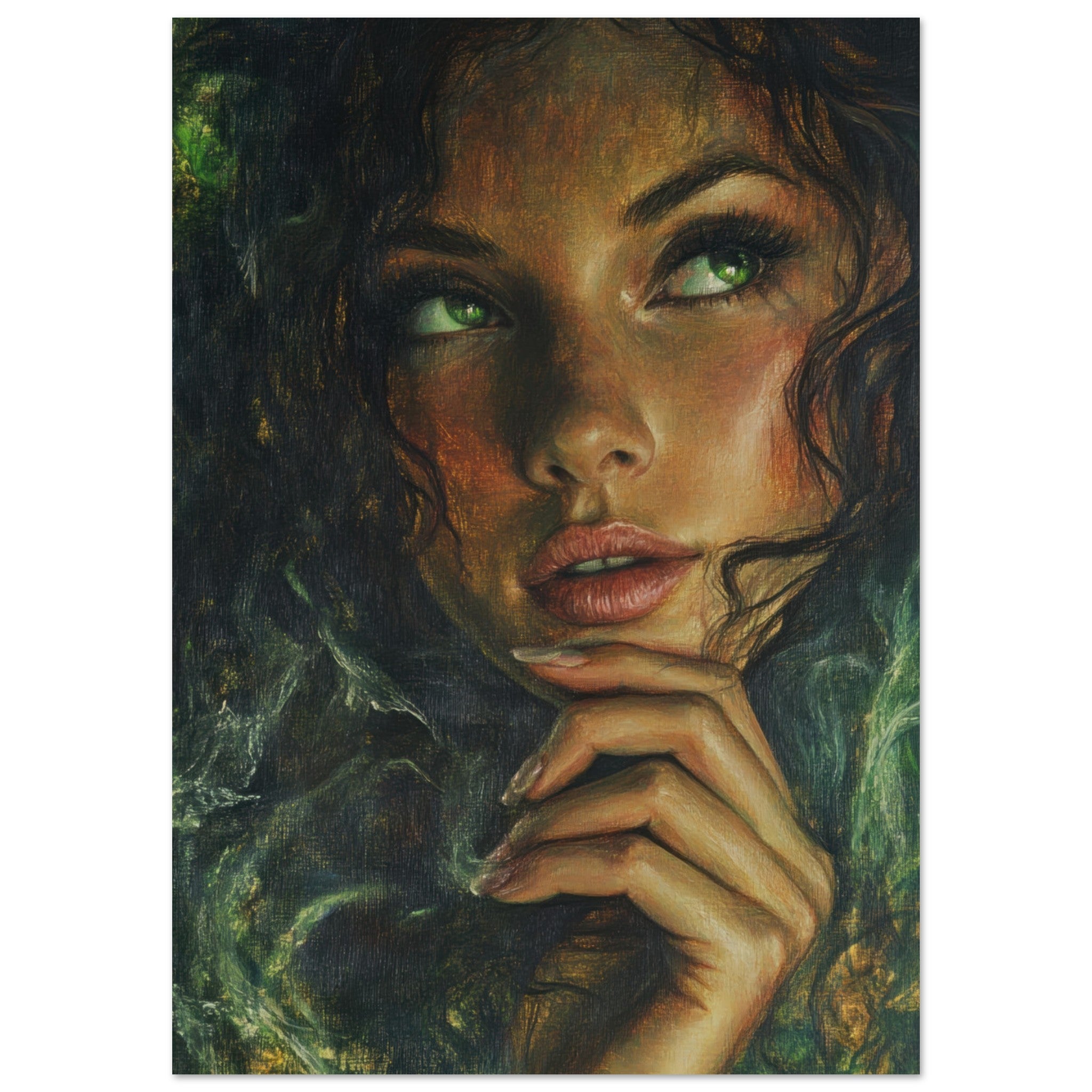 Fine Art Poster Portrait - The Fae Sorceress of the Emerald Woods Oil Faint 3 - Shop Ai Art WebShop - Digital Art online Store