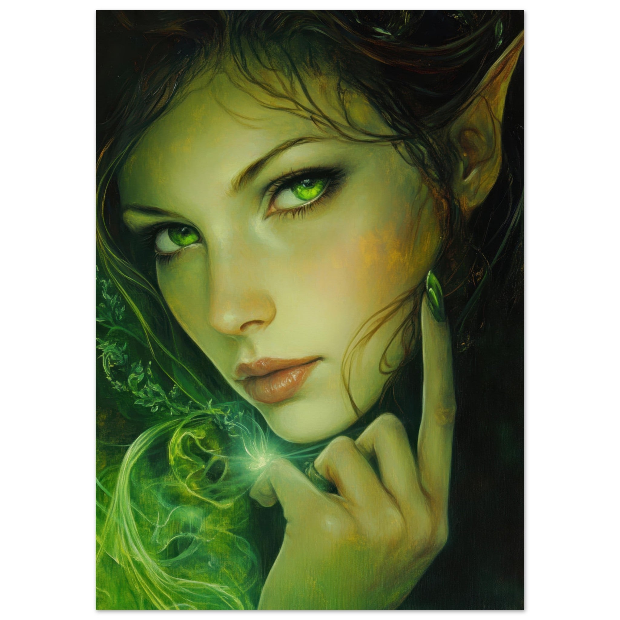 Fine Art Poster Portrait - The Fae Sorceress of the Emerald Woods Oil Faint - Shop Ai Art WebShop - Digital Art online Store