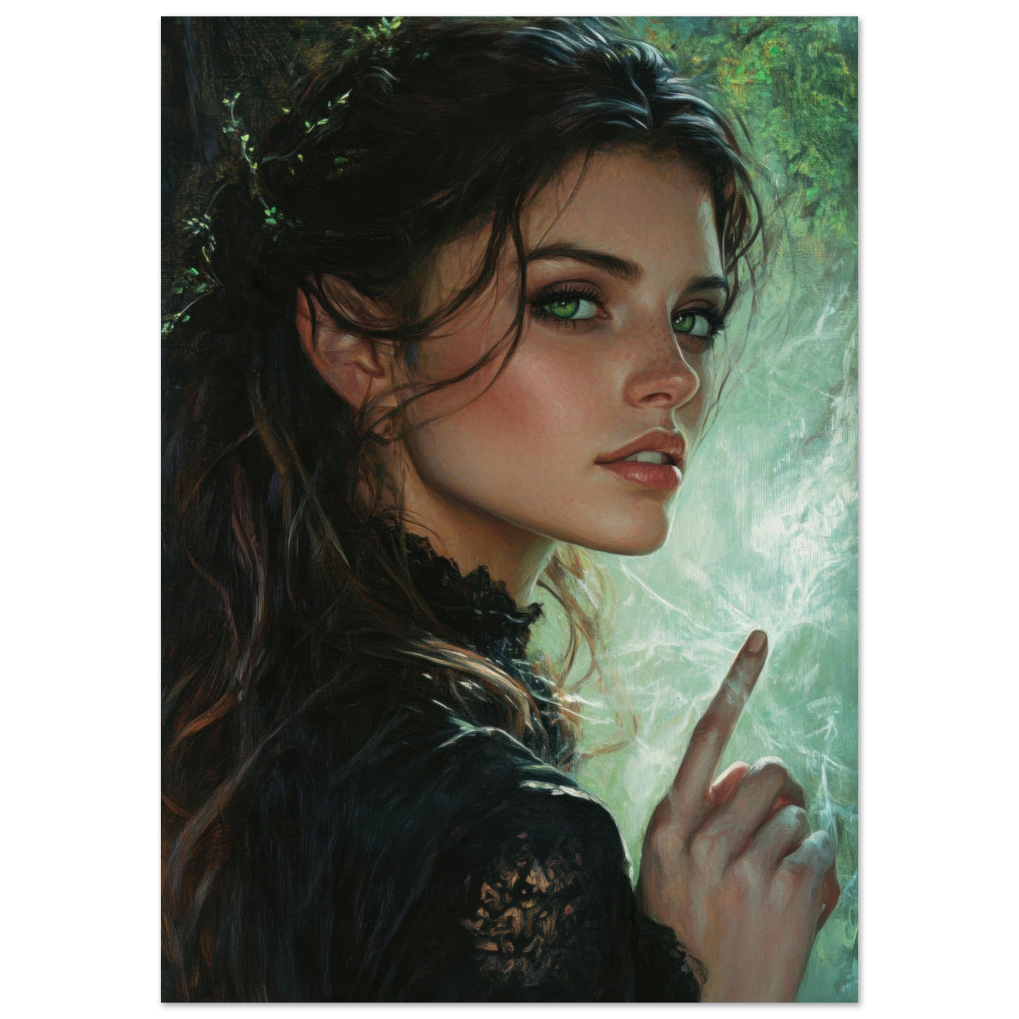 Fine Art Poster Portrait - The Fae Sorceress of the Emerald Woods Oil Faint 6 - Shop Ai Art WebShop - Digital Art online Store