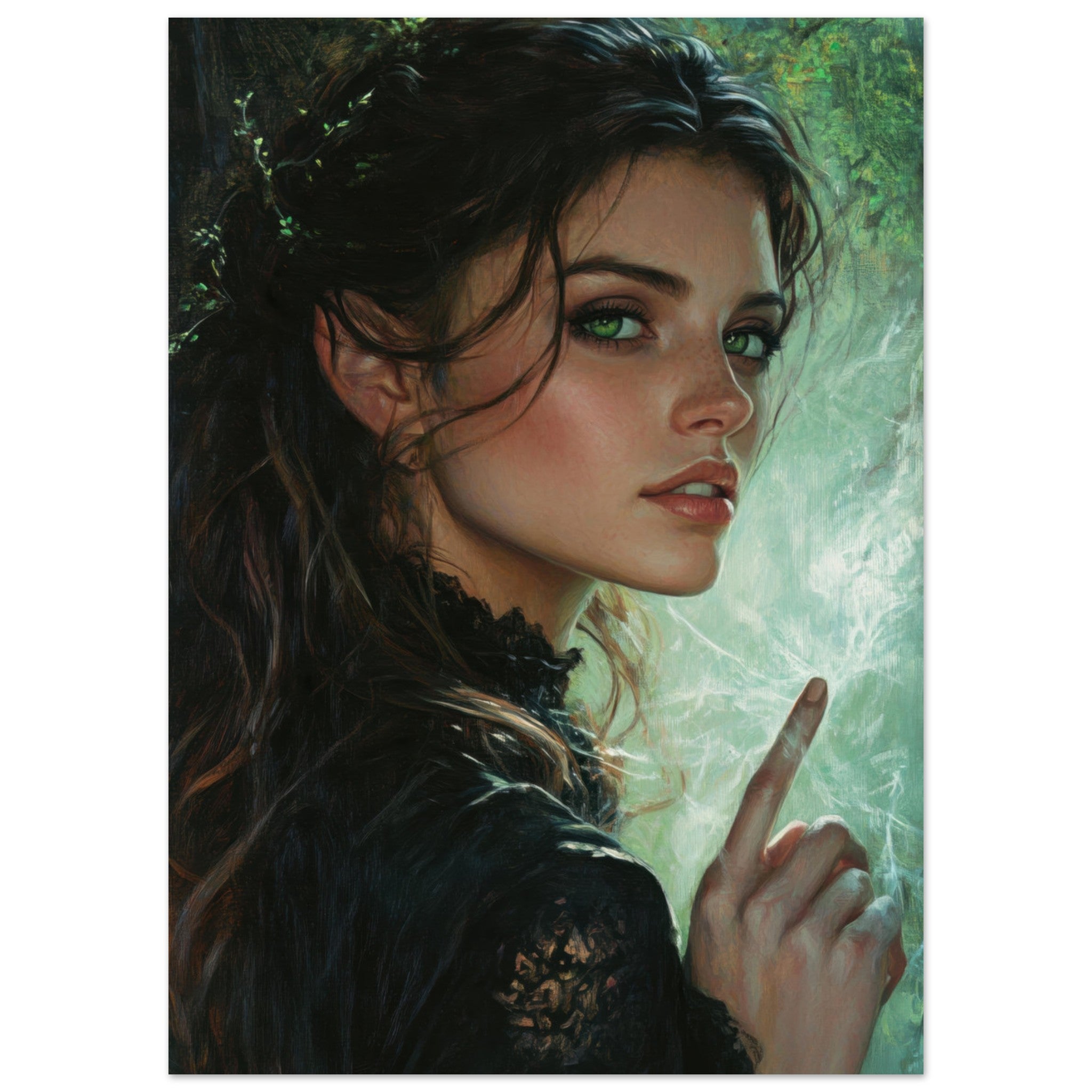 Fine Art Poster Portrait - The Fae Sorceress of the Emerald Woods Oil Faint 6 - Shop Ai Art WebShop - Digital Art online Store