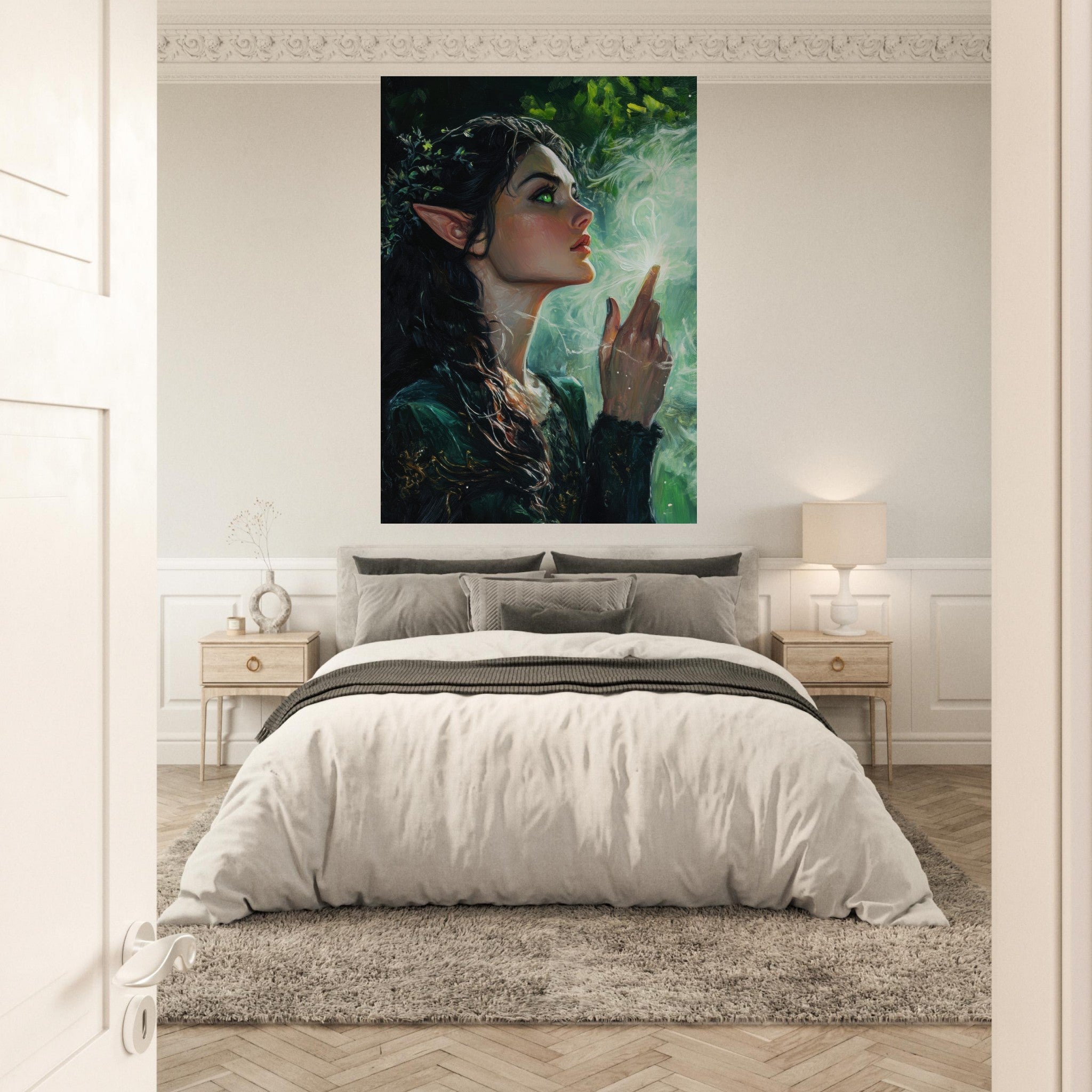 Fine Art Poster Portrait - The Fae Sorceress of the Emerald Woods Oil Faint 7 - Shop Ai Art WebShop - Digital Art online Store