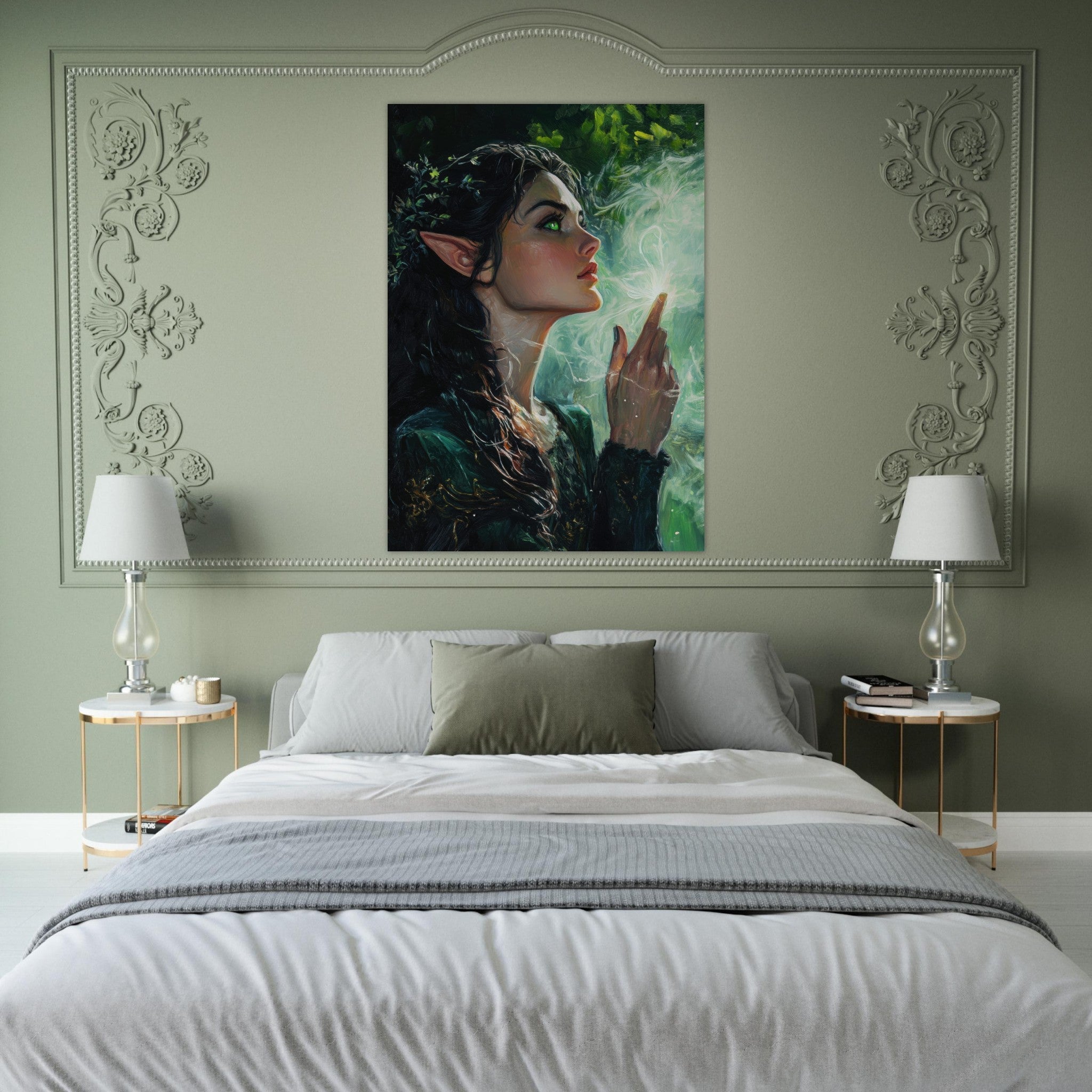 Fine Art Poster Portrait - The Fae Sorceress of the Emerald Woods Oil Faint 7 - Shop Ai Art WebShop - Digital Art online Store