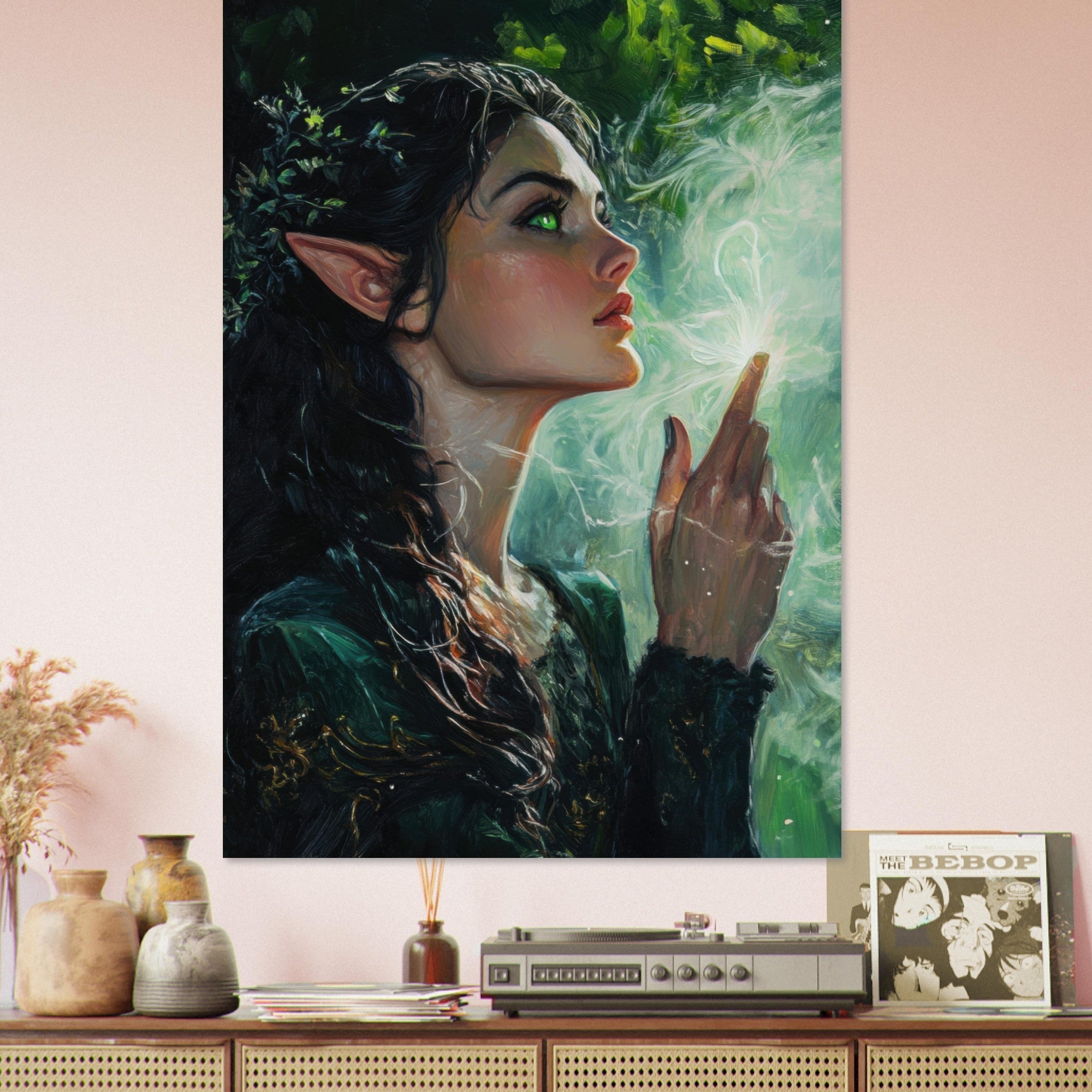 Fine Art Poster Portrait - The Fae Sorceress of the Emerald Woods Oil Faint 7 - Shop Ai Art WebShop - Digital Art online Store