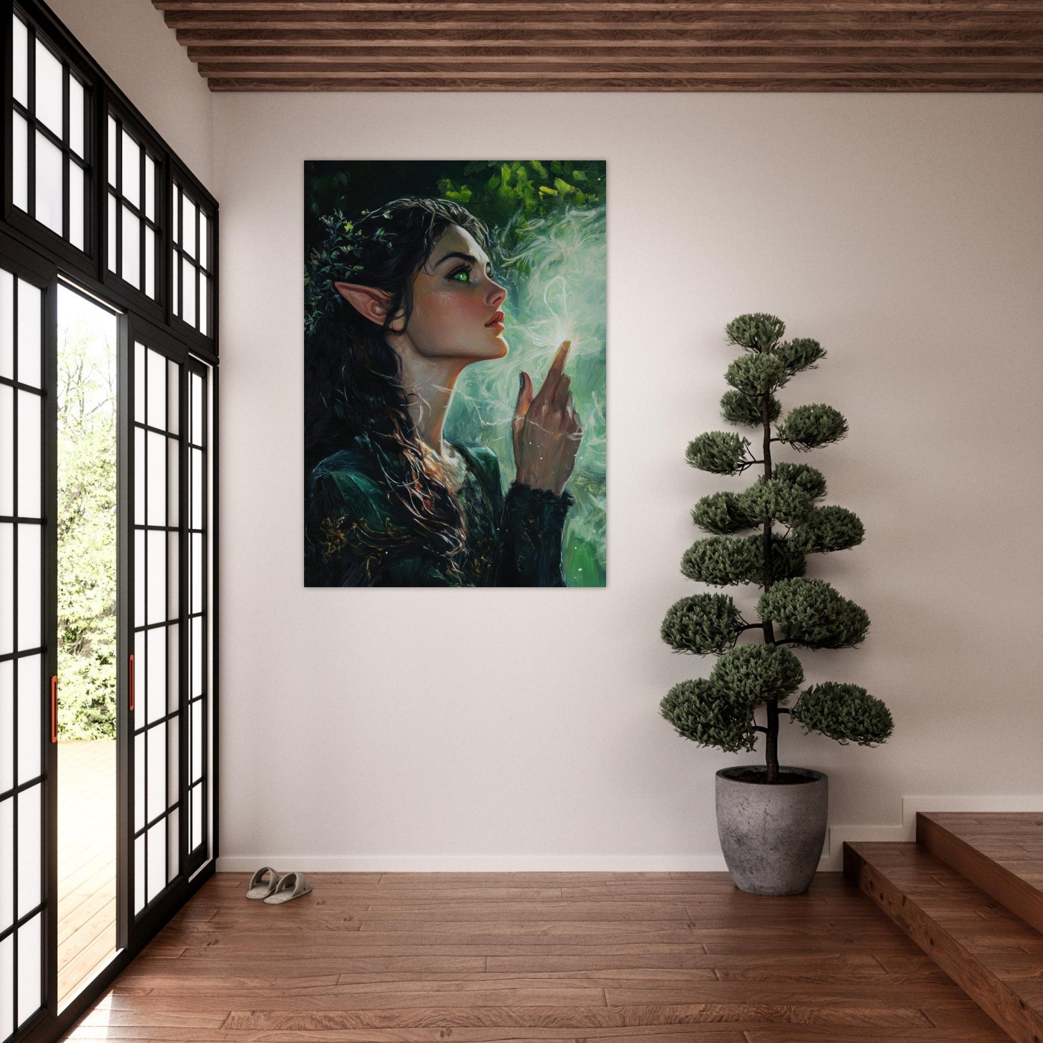 Fine Art Poster Portrait - The Fae Sorceress of the Emerald Woods Oil Faint 7 - Shop Ai Art WebShop - Digital Art online Store
