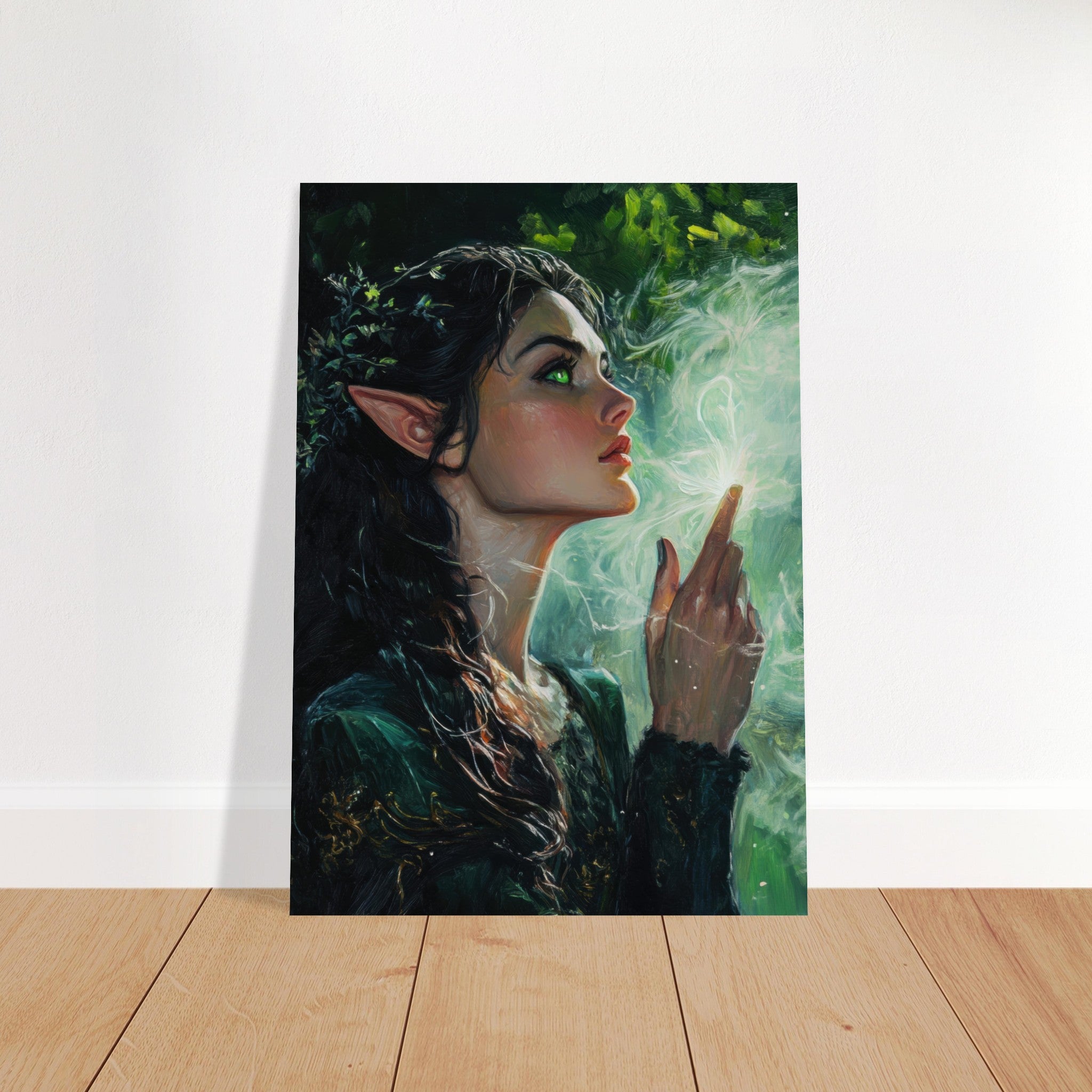 Fine Art Poster Portrait - The Fae Sorceress of the Emerald Woods Oil Faint 7 - Shop Ai Art WebShop - Digital Art online Store