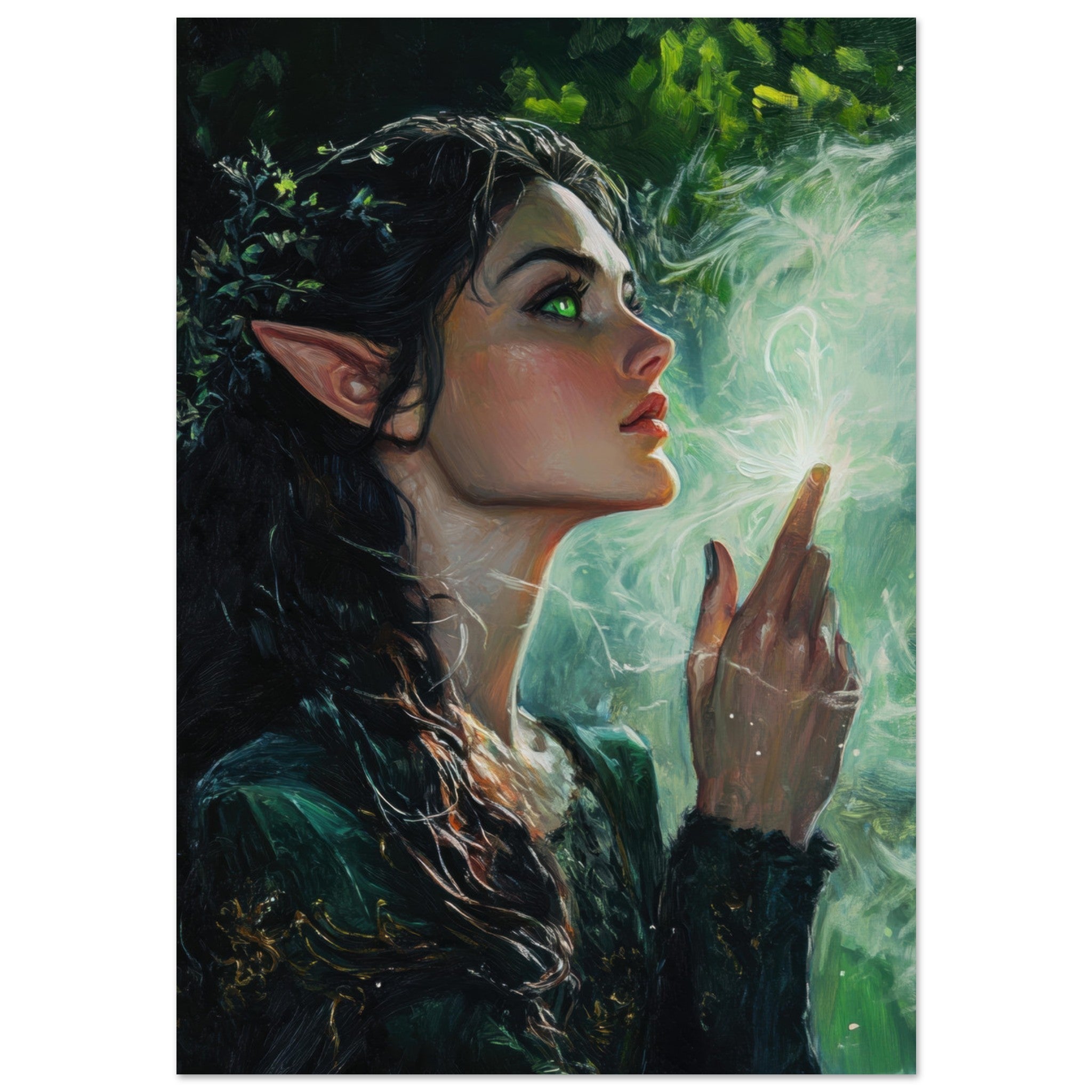 Fine Art Poster Portrait - The Fae Sorceress of the Emerald Woods Oil Faint 7 - Shop Ai Art WebShop - Digital Art online Store